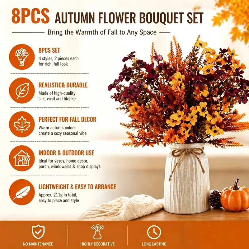 8 PCS Artificial Fall Flowers Bouquet Set, 4 Styles Autumn Fake Silk Flowers, Lifelike Harvest Floral Arrangement for Dining Table Centerpiece, Mantel, Window Box, Porch, Thanksgiving Farmhouse Home Decor