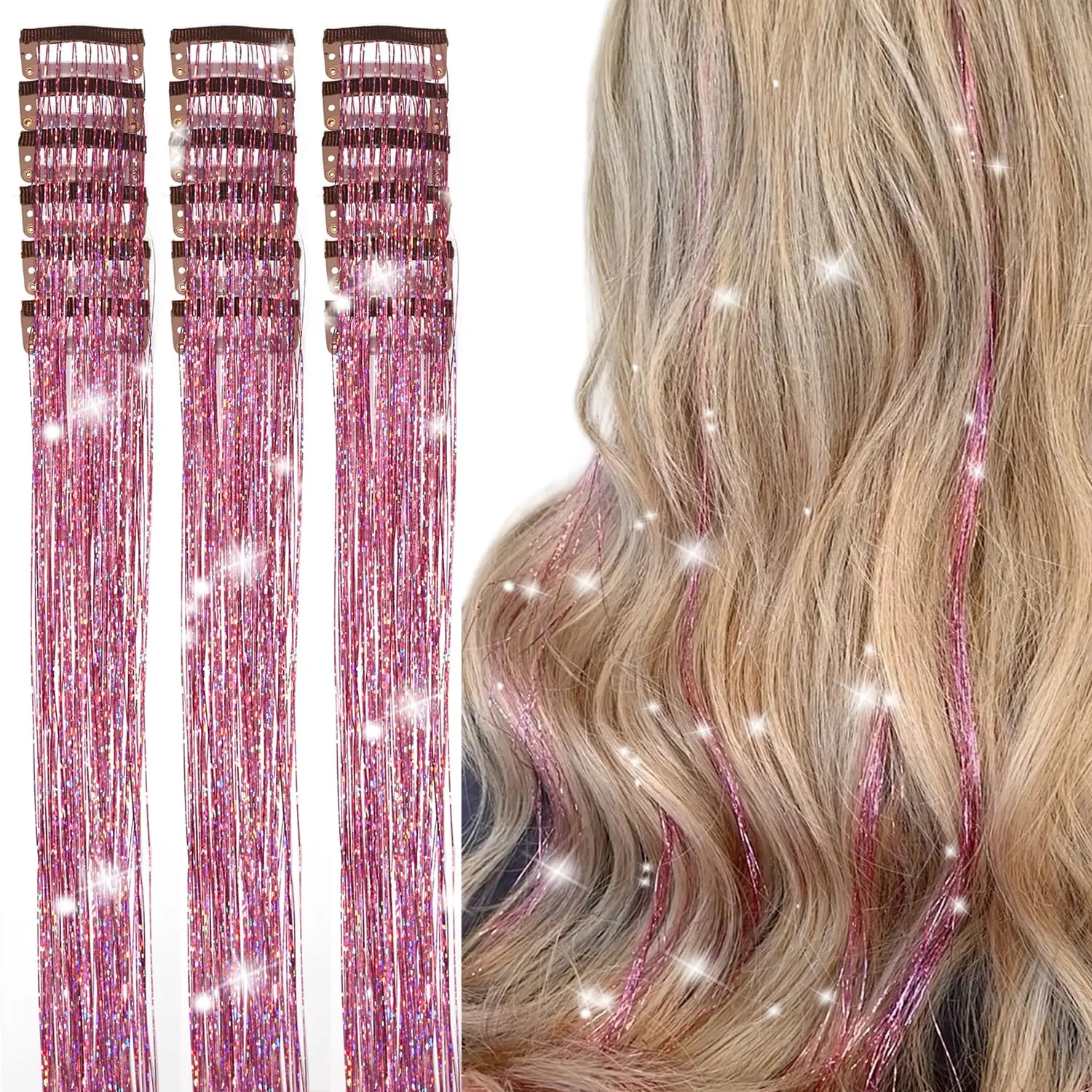 Hair Tinsel Clip in Pack of 18 count 20 Inch Clip in Hair Tinsel  Glitter Tinsel Hair Extensions Fairy Hair Clips Party Dazzle Hair Accessories for Girls  Women (-18 Pcs)