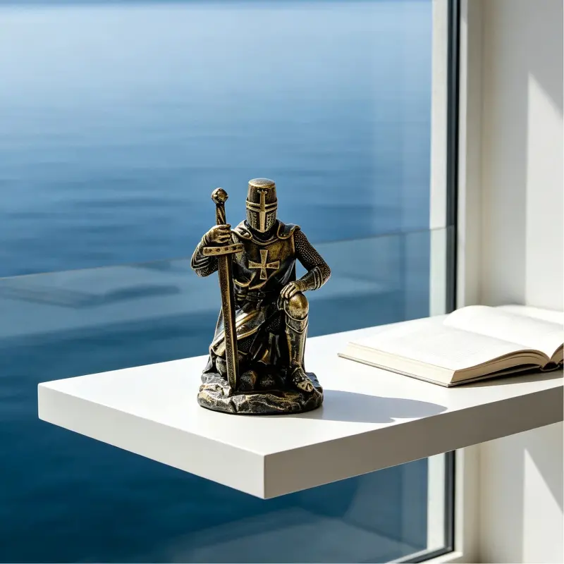 1 Mini Medieval Templar Knight Statue, Home Decor Statue, Figurine Decor, Kneeling Pose, Vintage Copper Brown Resin Sculpture | Desktop & Bookshelf Decor, Desk Ornament, Perfect Gift for Christmas, Halloween, Game Room & Birthday