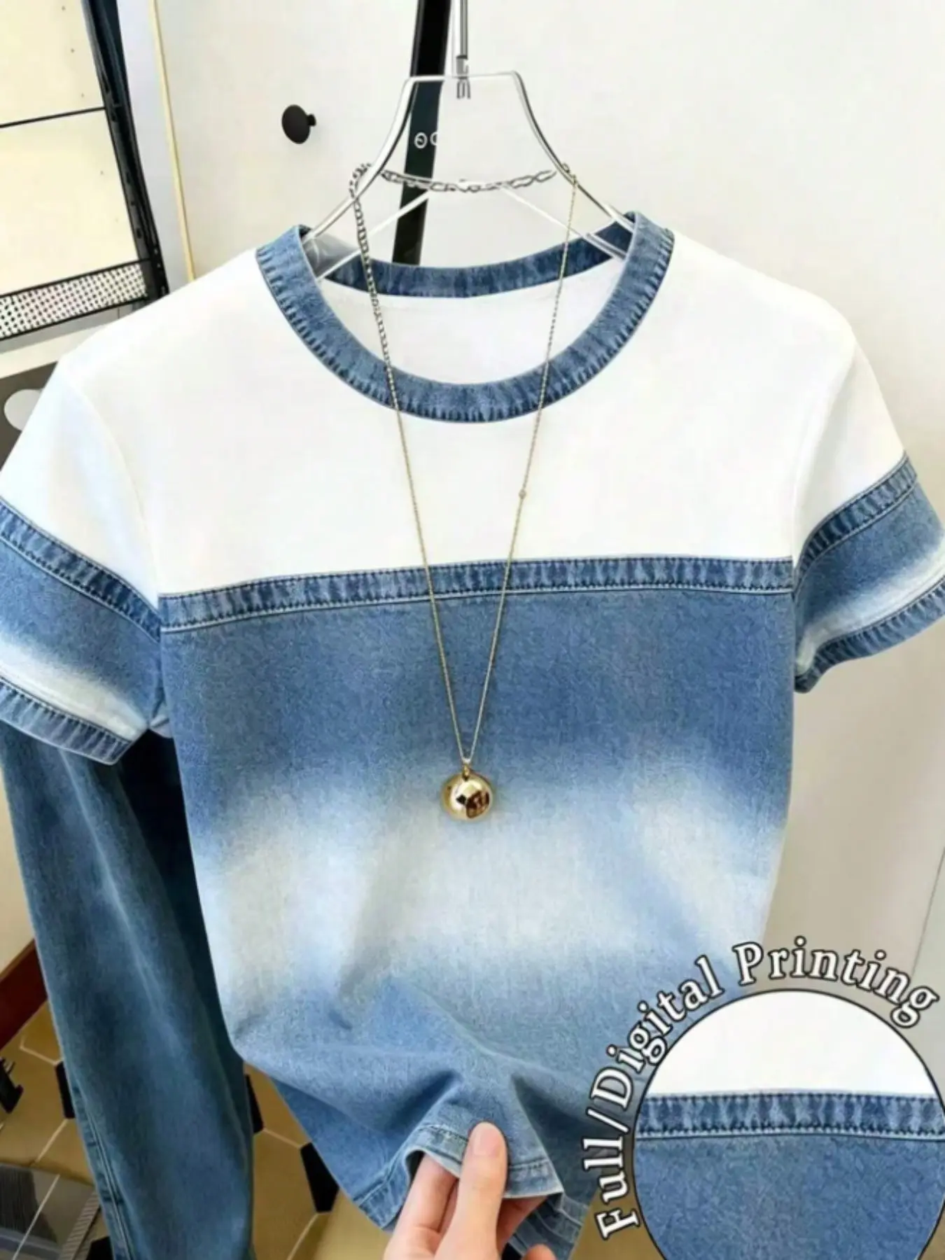 Gradient Denim Patchwork Digital Print Short Sleeve T-Shirt, Loose Round Neck Casual Top, All Seasons Slim-Fitting Tee