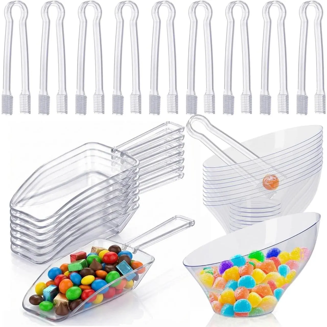 36 Pcs Candy Bowls And Plastic Scoops Set - 18 Clear Small Plastic Bowls 6 Oz, 9 Plastic Scoops And 9 Small Tongs Buffet Containers Set Heavy Duty