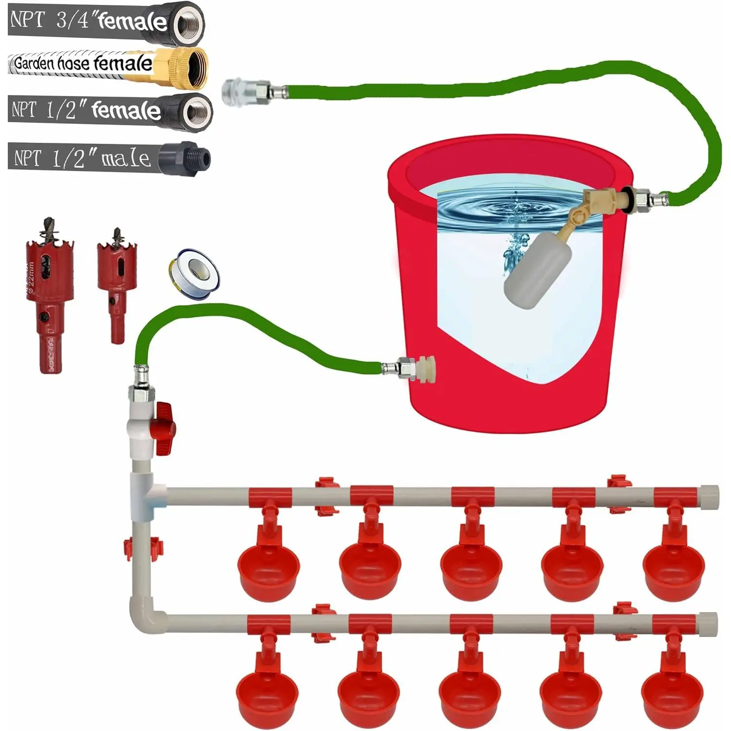 Complete Set Pipeline Automatic Chicken Waterer System,1/2" PVC Pipe Accessories DIY Kit with 2 Hose,chicken water cup,chicken waters,poultry waterer,Duck water feeder for Quail Chicken Duck Goose