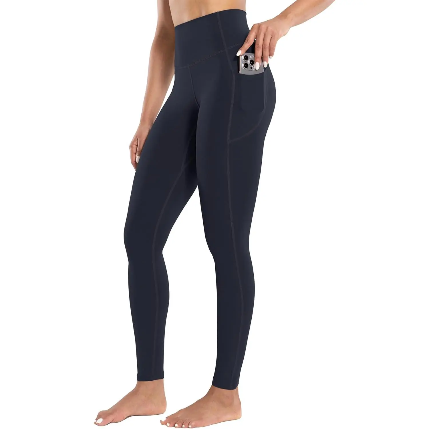 Women's High Rise Workout Leggings with Pockets, Lightweight Soft Solid Ankle Tights in Cream, 25"/28" Inseam