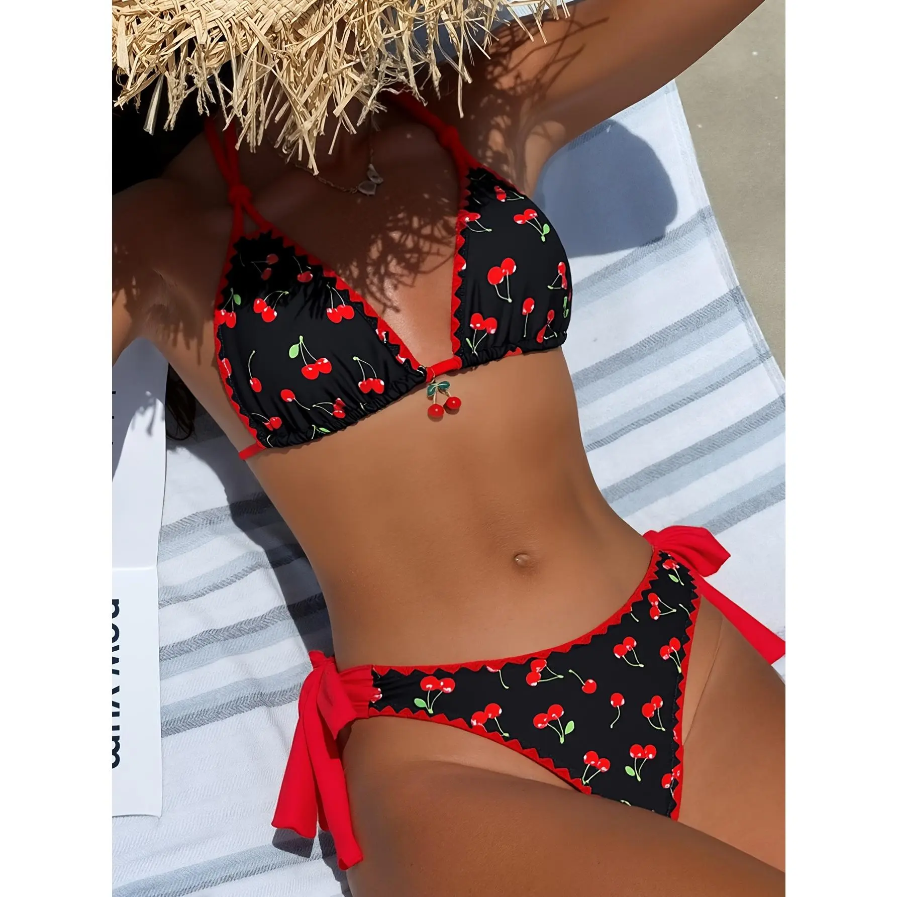 Women's 2026SS Trend 2-Piece Bikini Set - Black and Red Color Block with Novelty Print, Bud Trim, Halter Neck Tie, Fashionable Casual Swimwear, Two-Piece