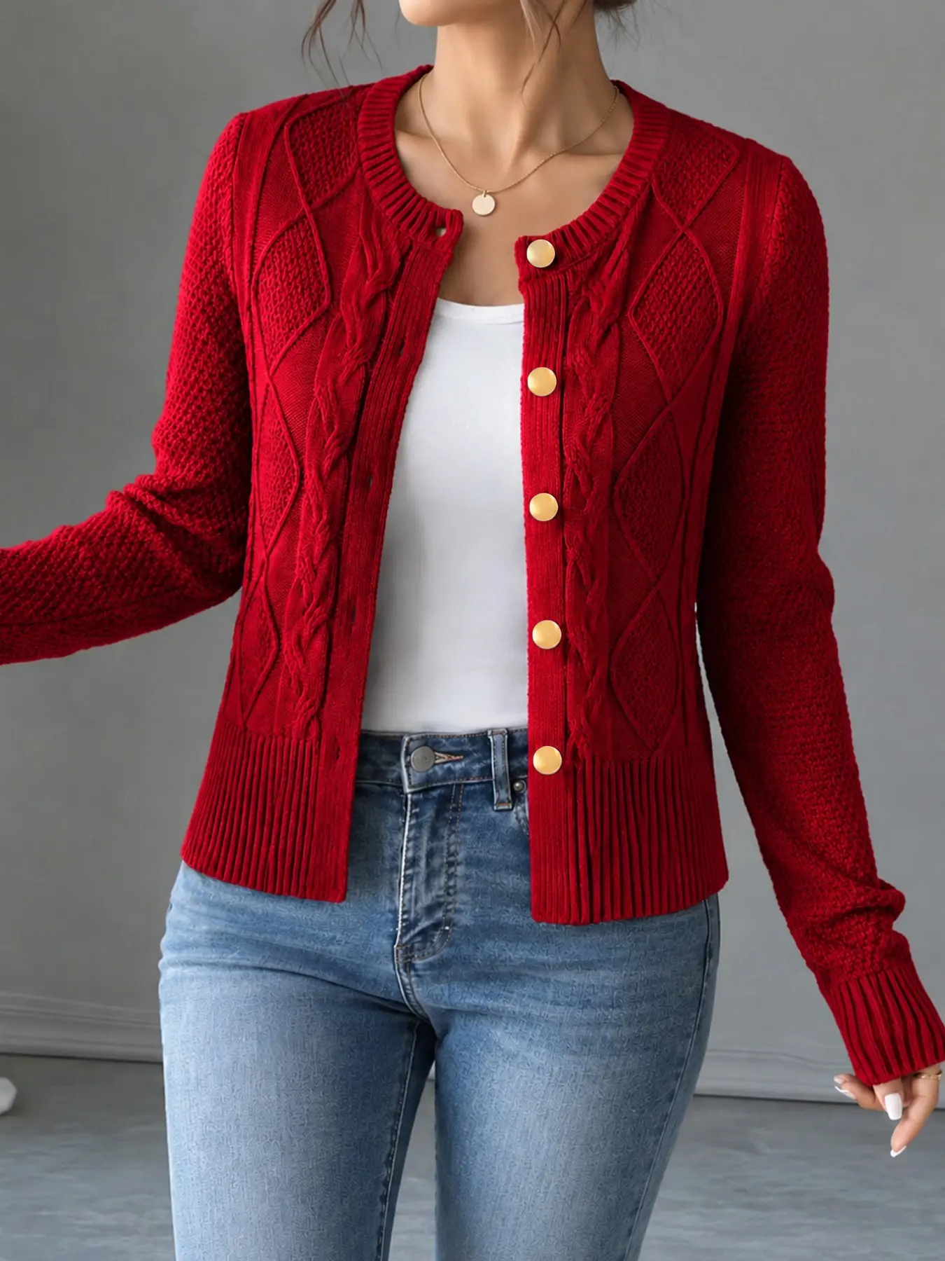 Women's Solid Color Single-Breasted Cardigan, Long-Sleeved Knit Sweater, Suitable for Everyday Fall & Winter Daily Wear