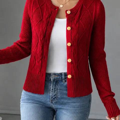 New Arrival. Women's solid color single-breasted knitted cardigan, long-sleeved knit sweater, suitable for everyday autumn and winter wear.