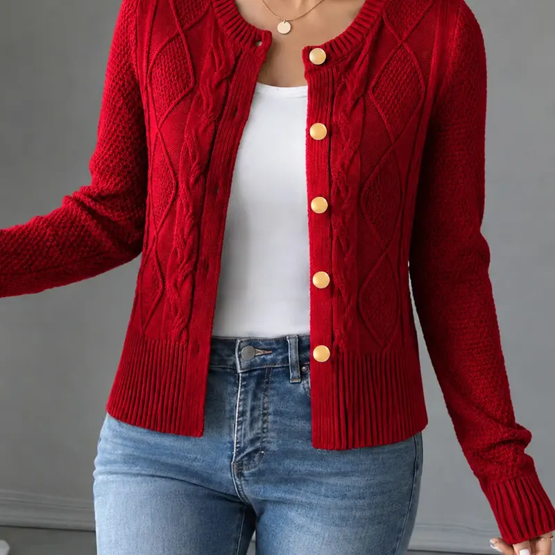 New Arrival. Women's solid color single-breasted knitted cardigan, long-sleeved knit sweater, suitable for everyday autumn and winter wear.