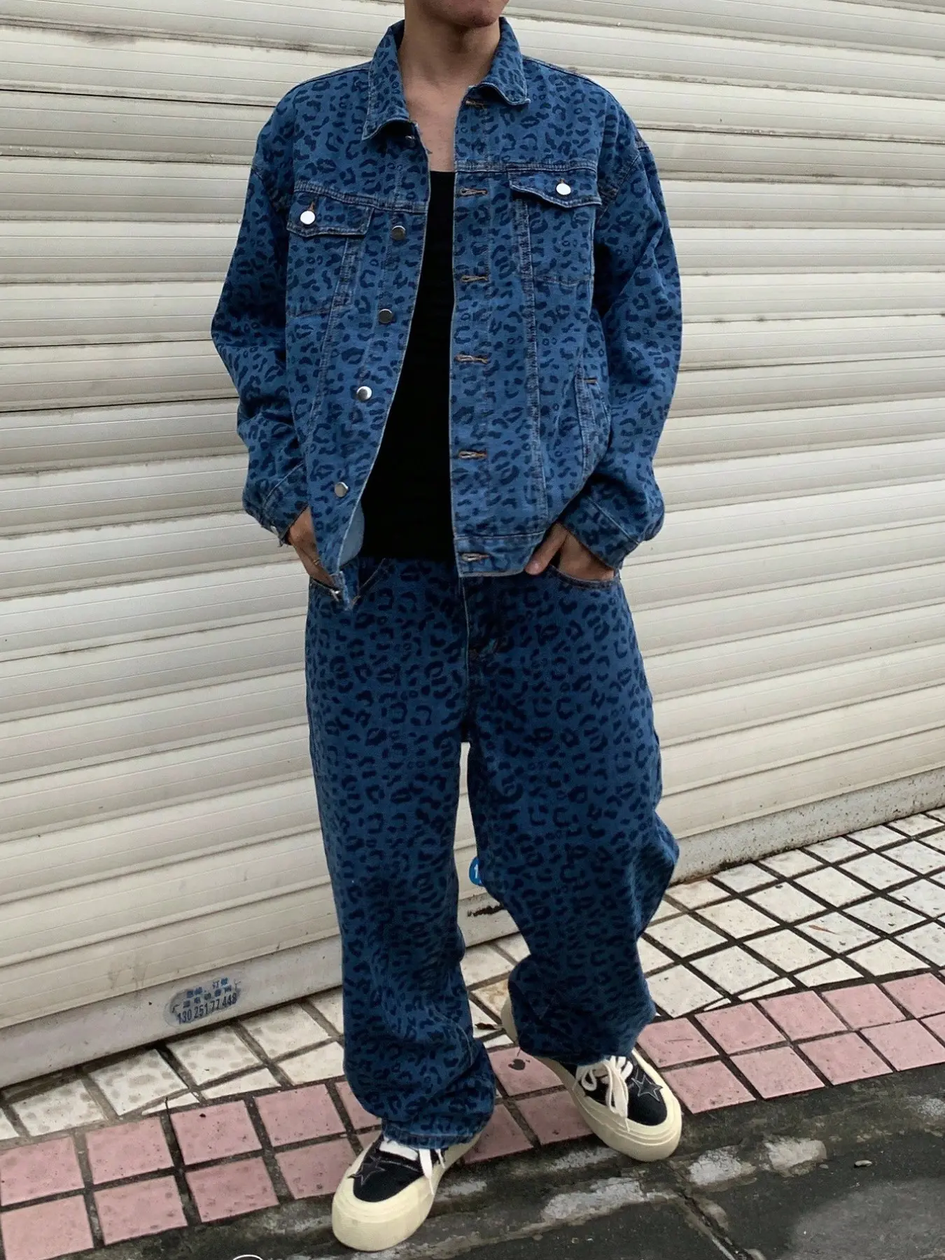 Men's Blue Retro Leopard Print Denim Set, Loose Fit Street Style Jacket + Wide Leg Pants, All Season Y2K High Street Fashion
