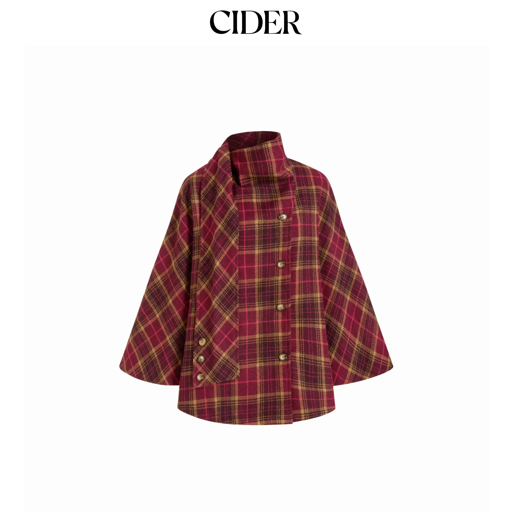 Cider Wool-Look Plaid Cloak Sleeve Oversized Coat With Scarf SohoChic