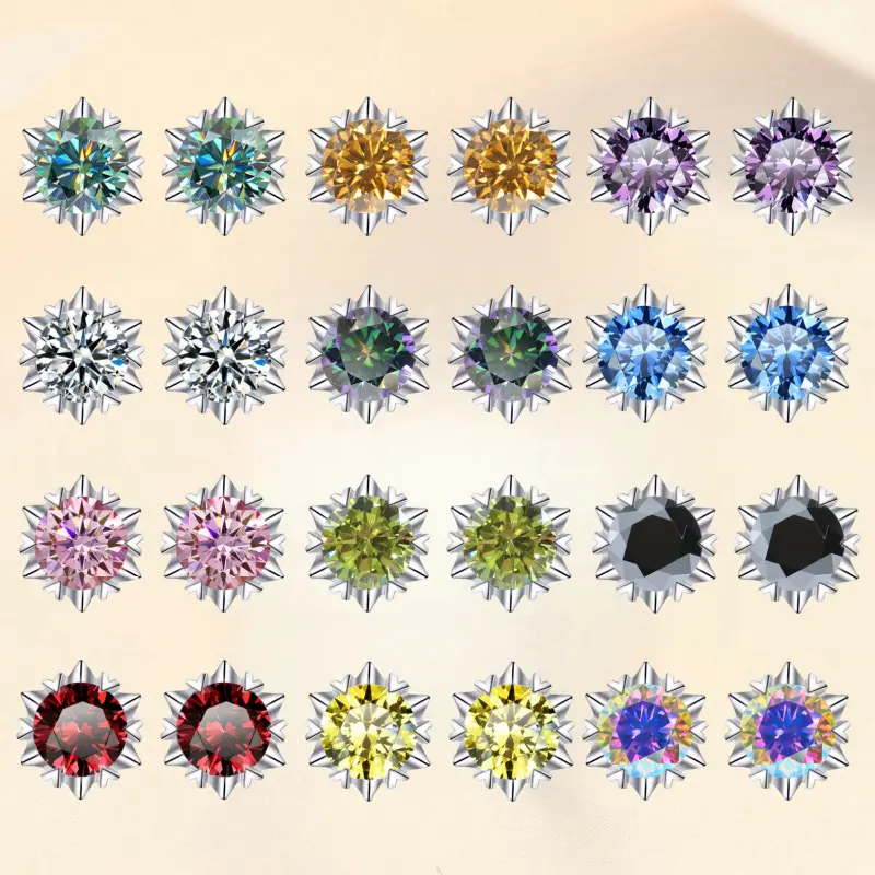 New Colorful Moissanite Snowflake Earrings for Women S925 Sterling Silver Six-Prong Studs Classic Fashion Jewelry Gift