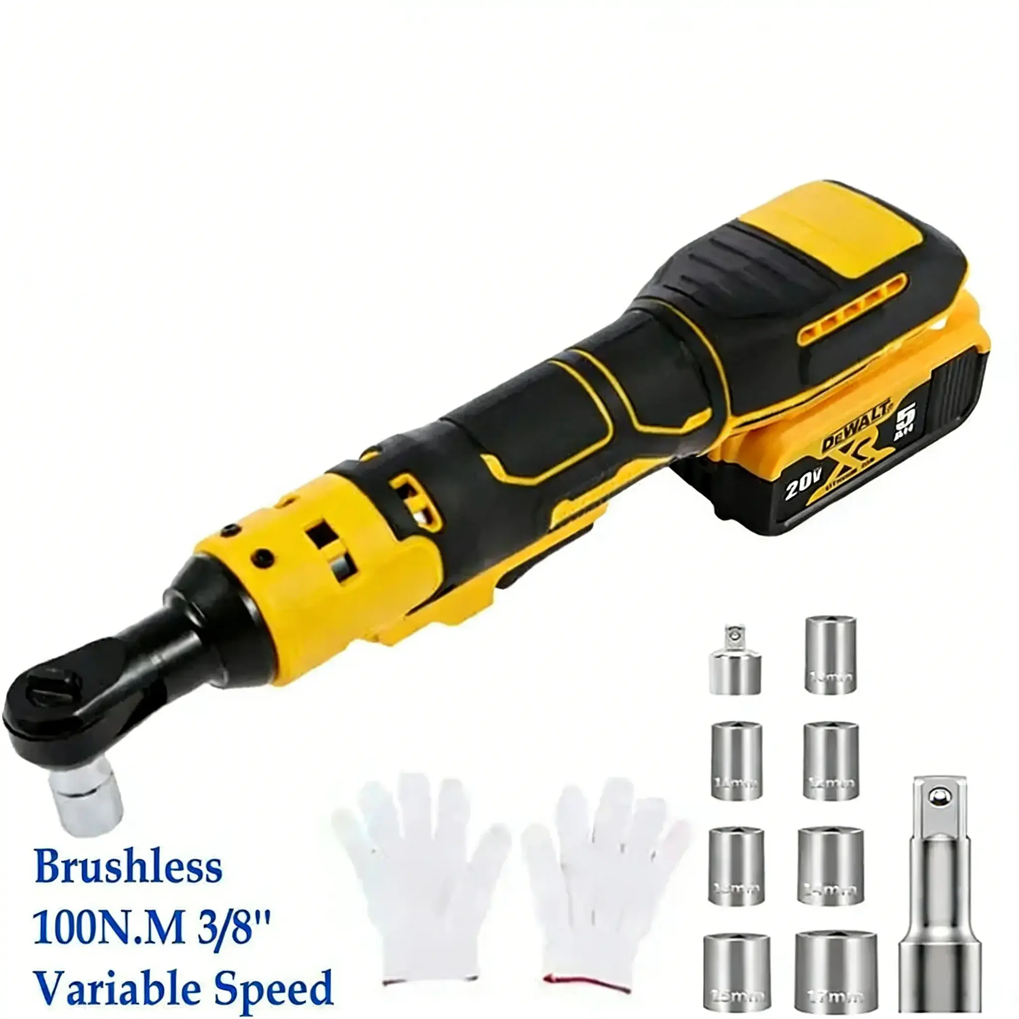 DCF512 3/8 Inch Brushless Cordless Ratchet Wrench, Compatible With Dewalt 20V MAX LiIon Battery, HighPower Electric Tool With LED Work Light, Forward & Reverse Control, Comes With 9 Sockets, Yellow For Auto Repair & DIY Projects