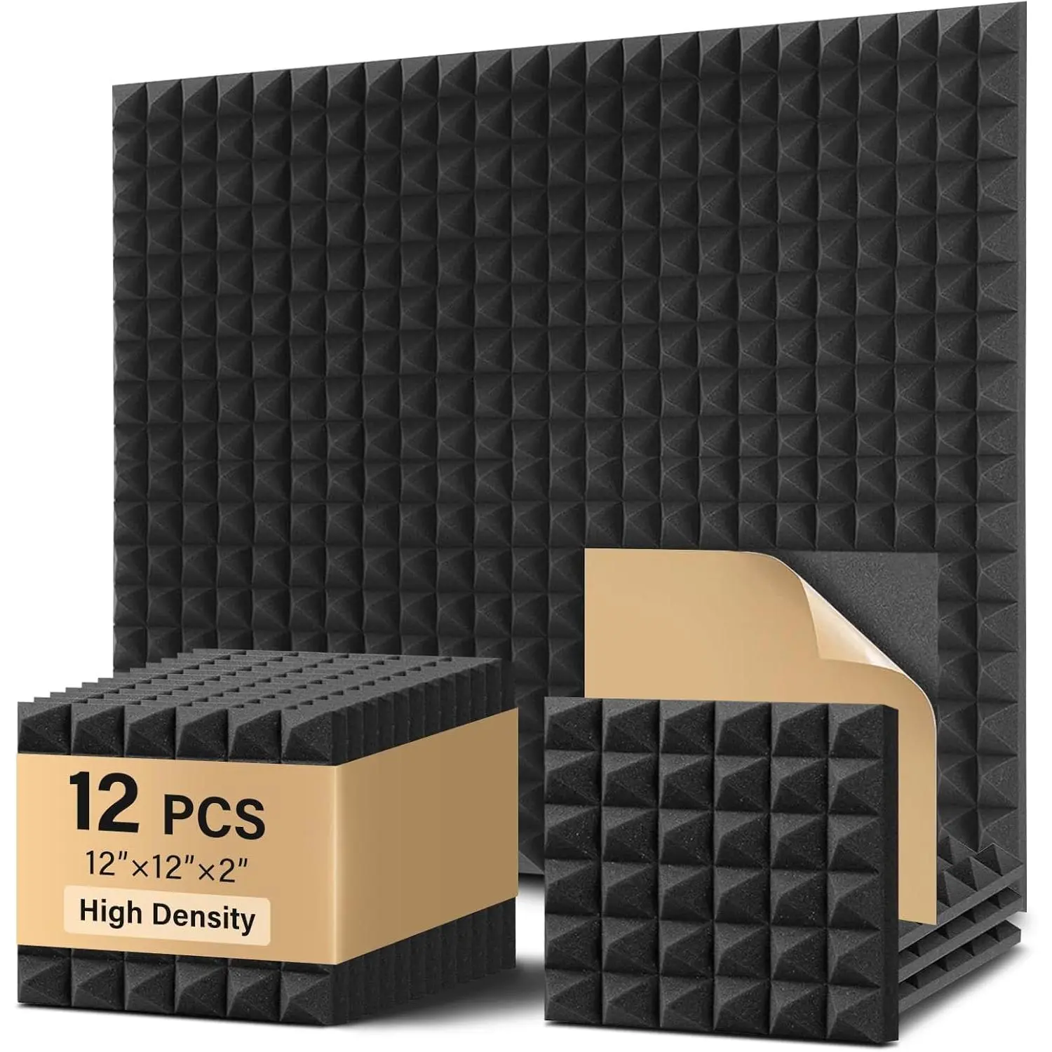 Pyramid Sound Proof  Panels 12 Pack,  High Density Self-Adhesive Sound Absorbing, 12" X 12" X 2" Fire Resistant Acoustic  Panels, Sound Panels, Studio  for Wall, Ceiling (Black)