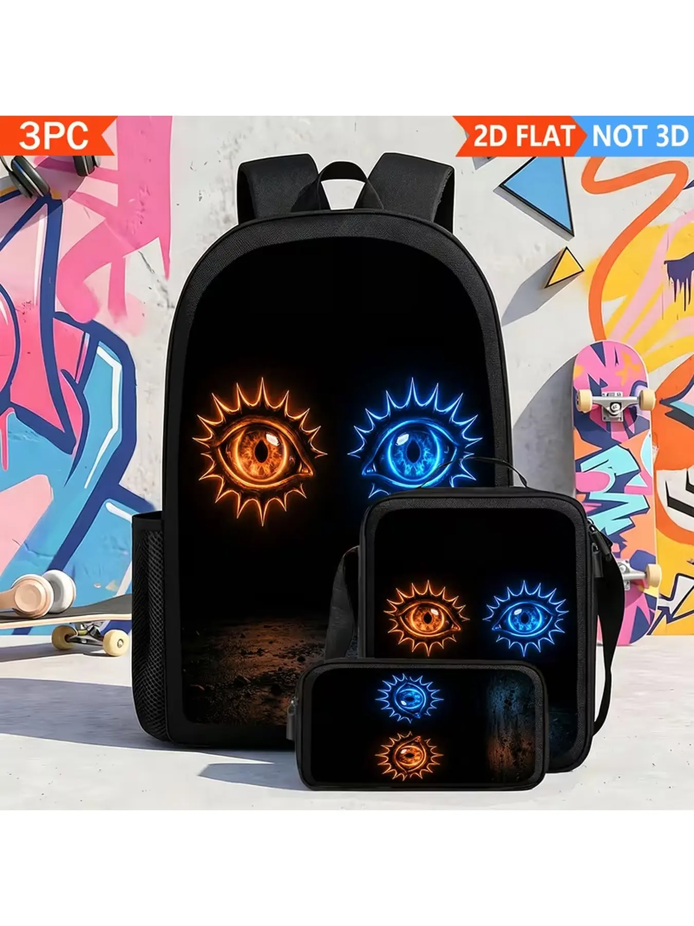 Fall / Winter 3Pcs Unisex Large Capacity Backpack Set, Orange and Blue Neon Creative Decorative Pattern of All-seeing Eye, Halloween Christmas School Travel Bookbag with Lunch Bag & Pencil Case