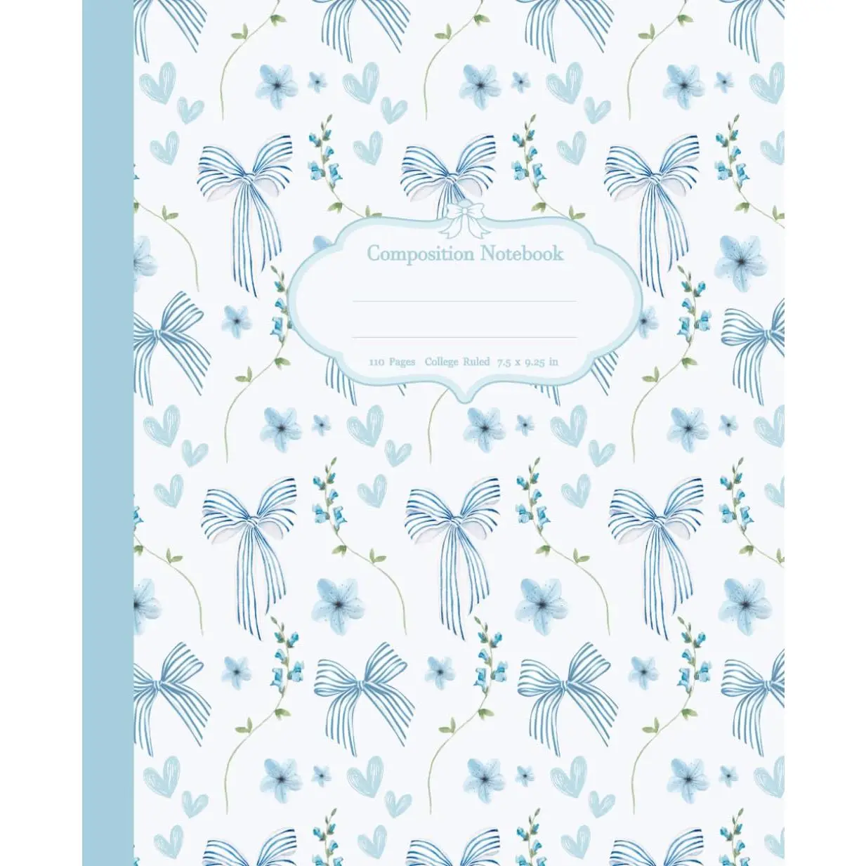 Composition Notebook: College Ruled Light Blue Floral  With Cute Girly Bows | Pastel Aesthetic School Supplies For Teen Girls and Women | 110 Pages 7.5 x 9.25" . - Paperback
