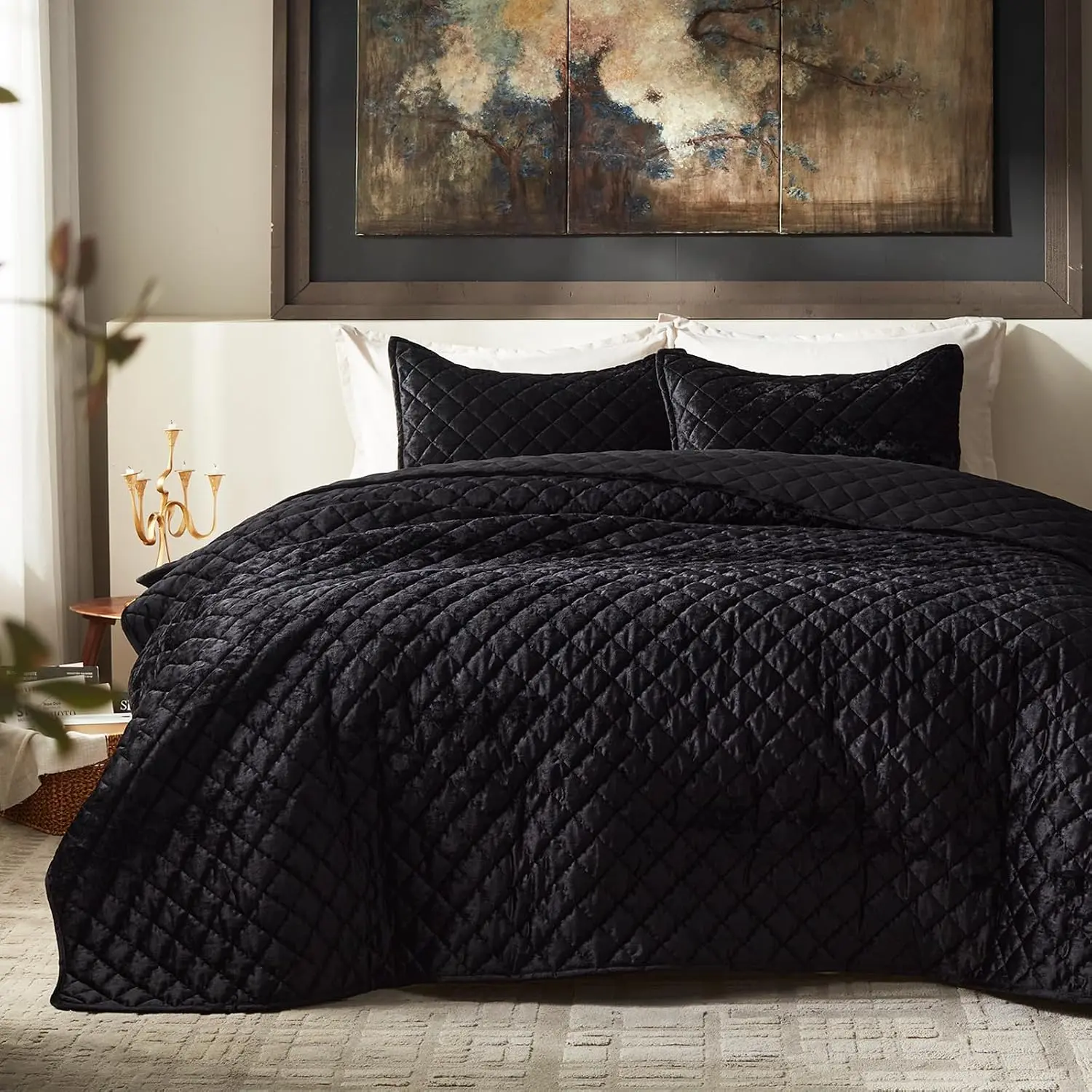 Luxury  Quilt Set , Lightweight  Bedspread Coverlet Quilted Box  Bedding Set, with 2 Matching Pillow Shams, for  , Black