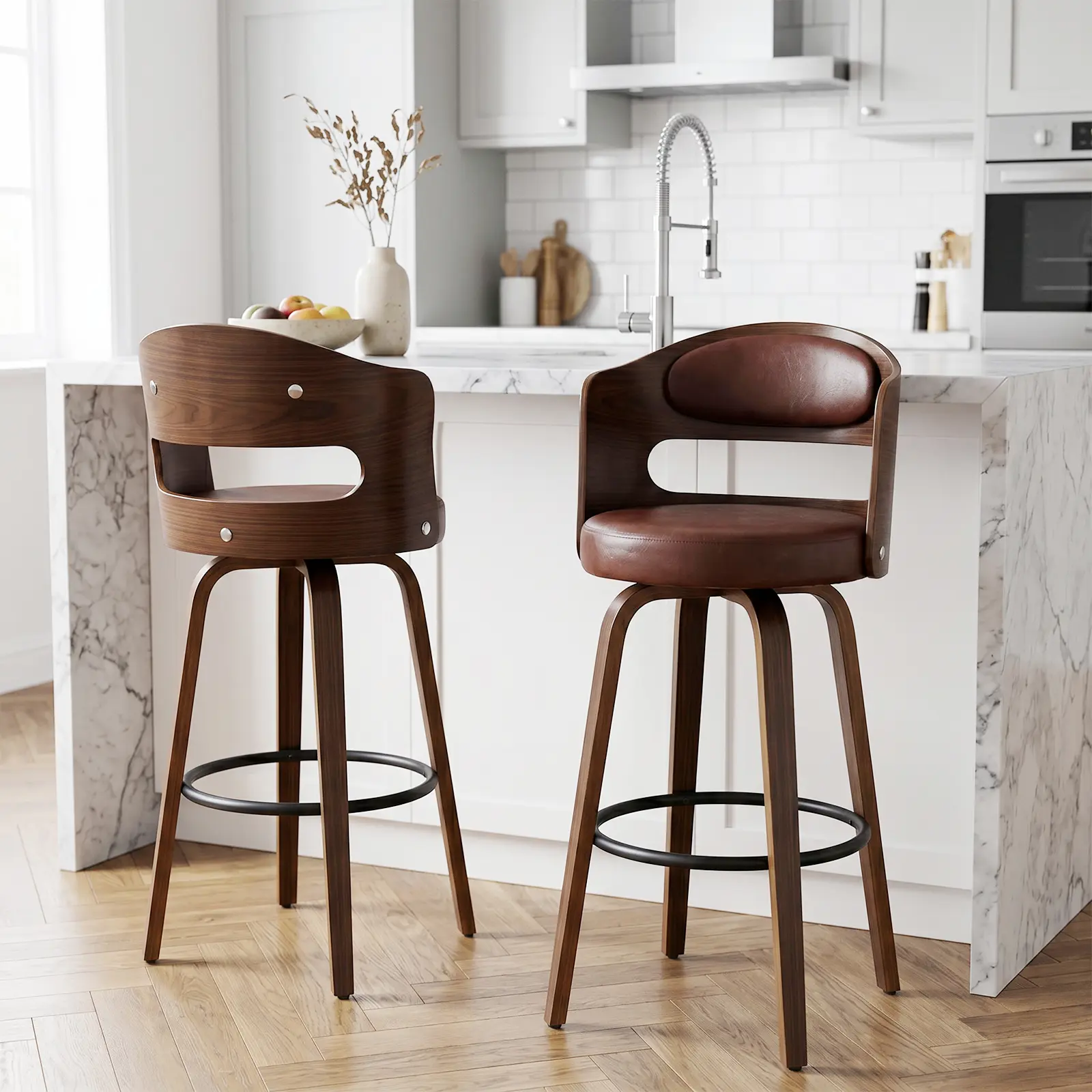 ARCH Bar Stools Set of 2, 26 Inch Counter Height Barstools with Backs, Modern Swivel PU Leather Seat Bar Chairs for Kitchen Island and Bar, Brown Faux Leather Upholstered Stools with Metal Base, 360-Degree Rotation, Home Pub Dining Seating