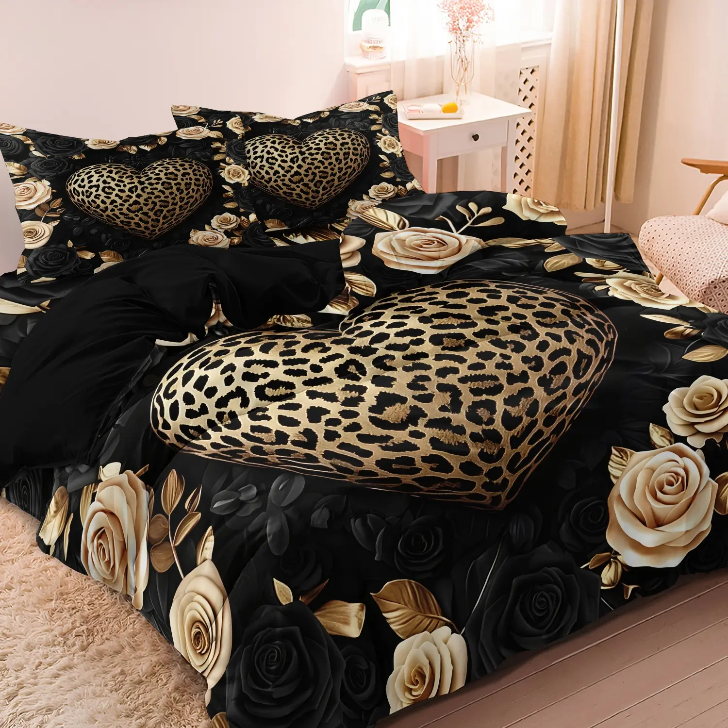 3 Pieces Gold Leopard Heart Black Rose Decorative Duvet Cover Set, Dark Base Luxury Floral Animal Printed Bedding, Comfy Bedding Set, For Bedroom Home Decoration, Multiple Sizes Available (1 Duvet Cover + 2 Pillowcases, No Comforter No Pillow)