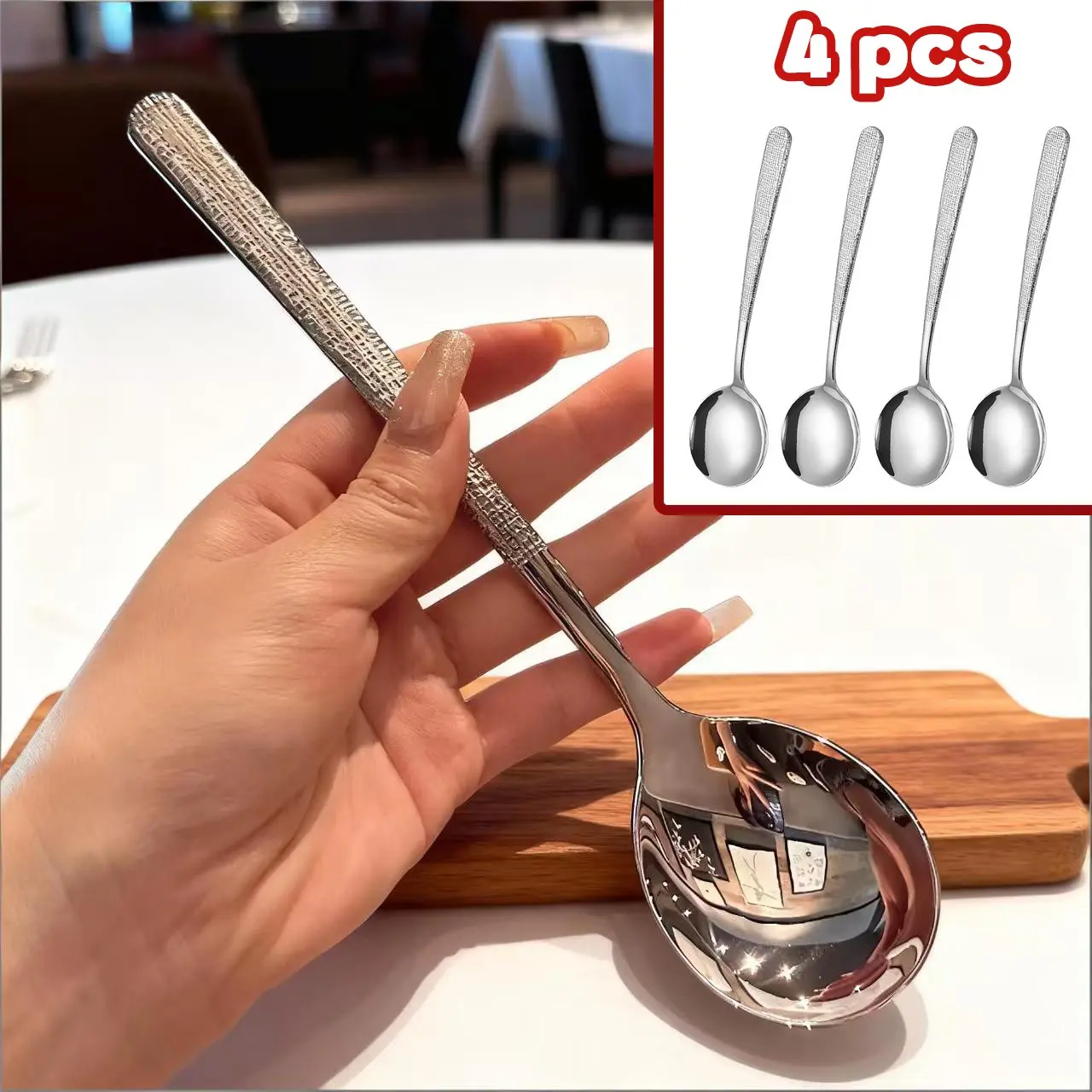 4‑Pack Silver Hammered‑Handle 304 Stainless Steel Large Soup Spoons Set, Heavy‑Duty Sturdy Tableware for Home, Restaurant & Hotel, Ideal Christmas & New Year Gift