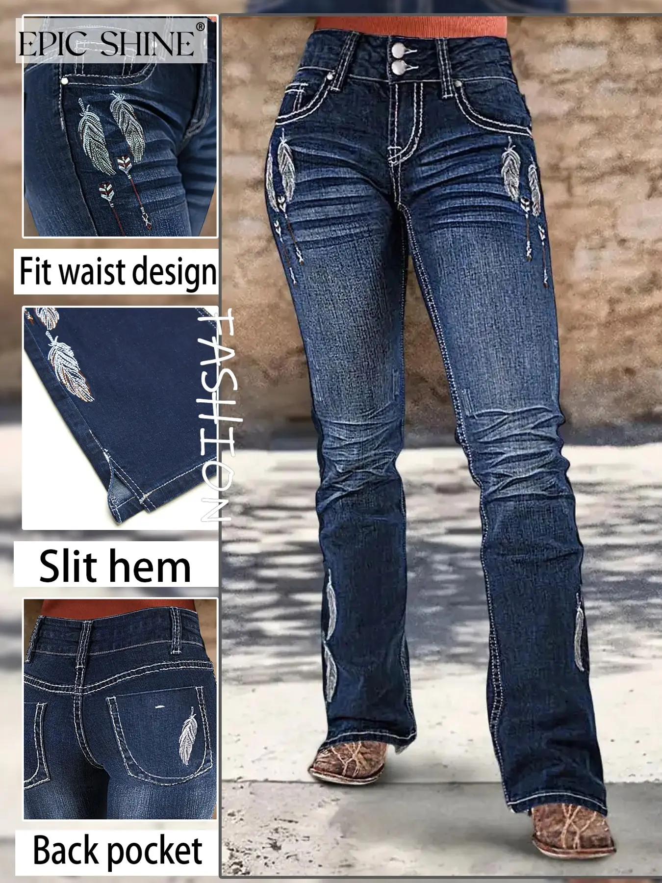 High-Waisted Embroidered Feather Denim Jeans, Vintage Western Style, Fitted Below-The-Knee Pants, Casual All-Season Wear, Slimming & Tall Look