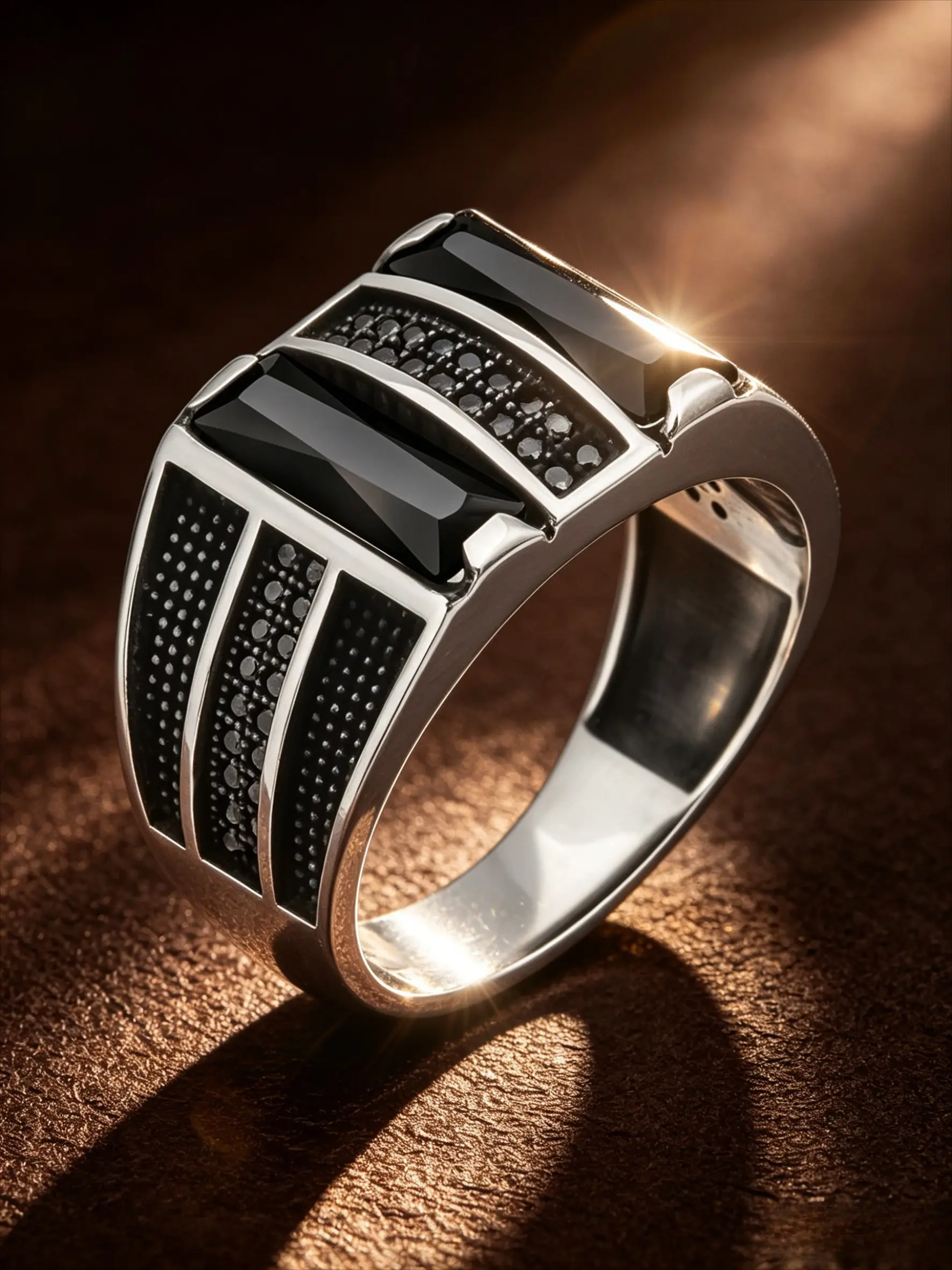 Rectangle Black Onyx Pave Black CZ Men Signet Ring, Stainless Steel Silver Wide Band, Tarnish Resistant Hypoallergenic Gothic Biker Statement Jewelry Gift For Him