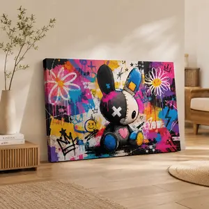 Colorful Graffiti Bunny Doll Canvas Wall Art, Cute Street Art Poster, Pop Urban Wall Decor for Living Room, Bedroom, Kids Room, Teen Room, Game Room, Unframed Canvas Poster or Framed Canvas Wrap