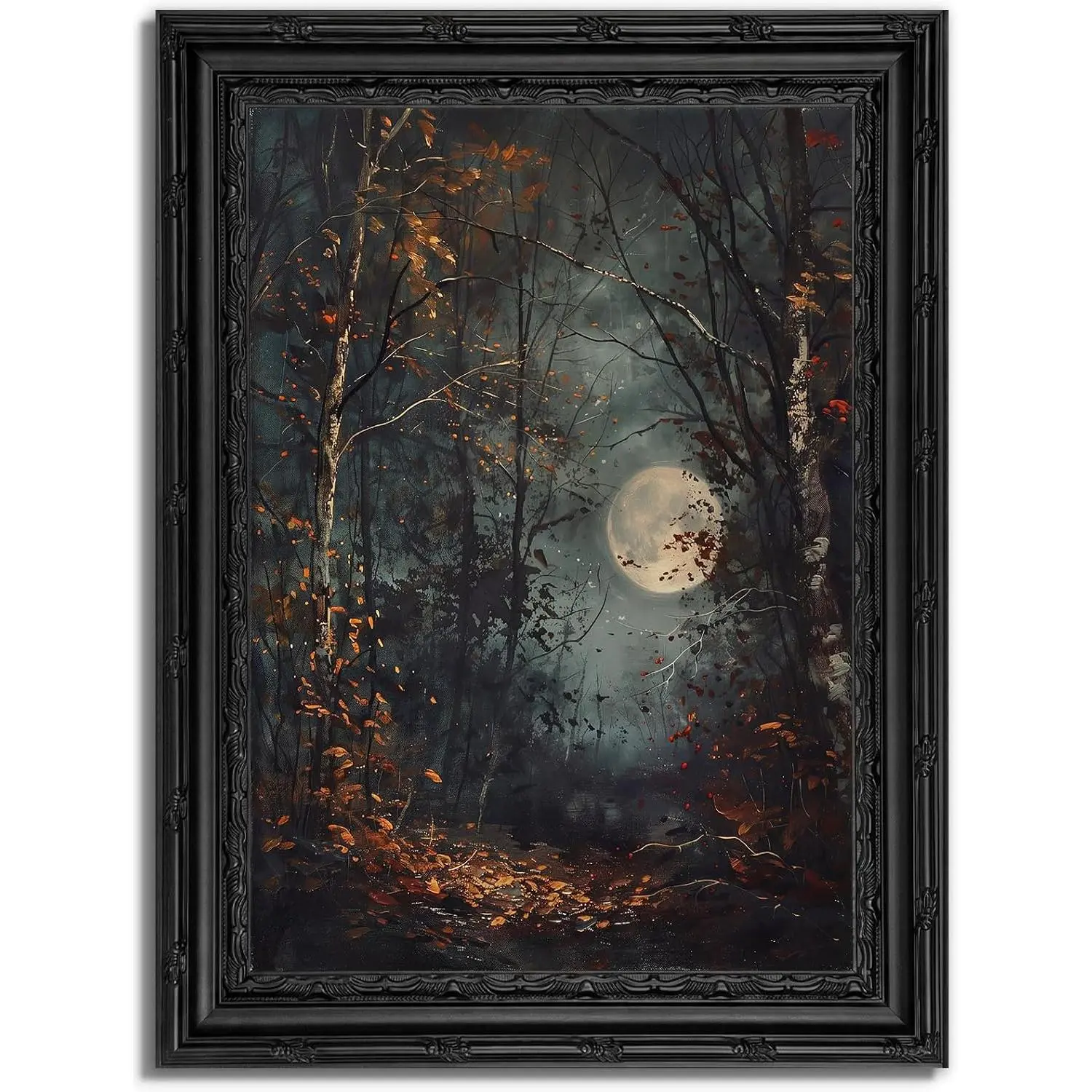 Black Framed Vintage Gothic Canvas Wall Art, Moody Autumn Full Moon Forest Painting Picture Wall Decor, Dark Academia Moonlit Poster Print Artwork for Bedroom, Living Room, Home Decoration 9x11in
