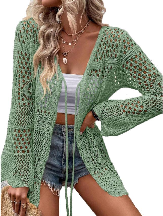 Women's Solid Color Hollow Out Tie Front Crochet Cardigan, Casual Long Sleeve Knitwear for Summer, Fashion Women's Knit Clothing for Daily Wear, Knitting, Summer Cardigan Women, Beach Cover Up, Lightweight Knit Top, Boho Crochet Sweater, Vacation Outfit