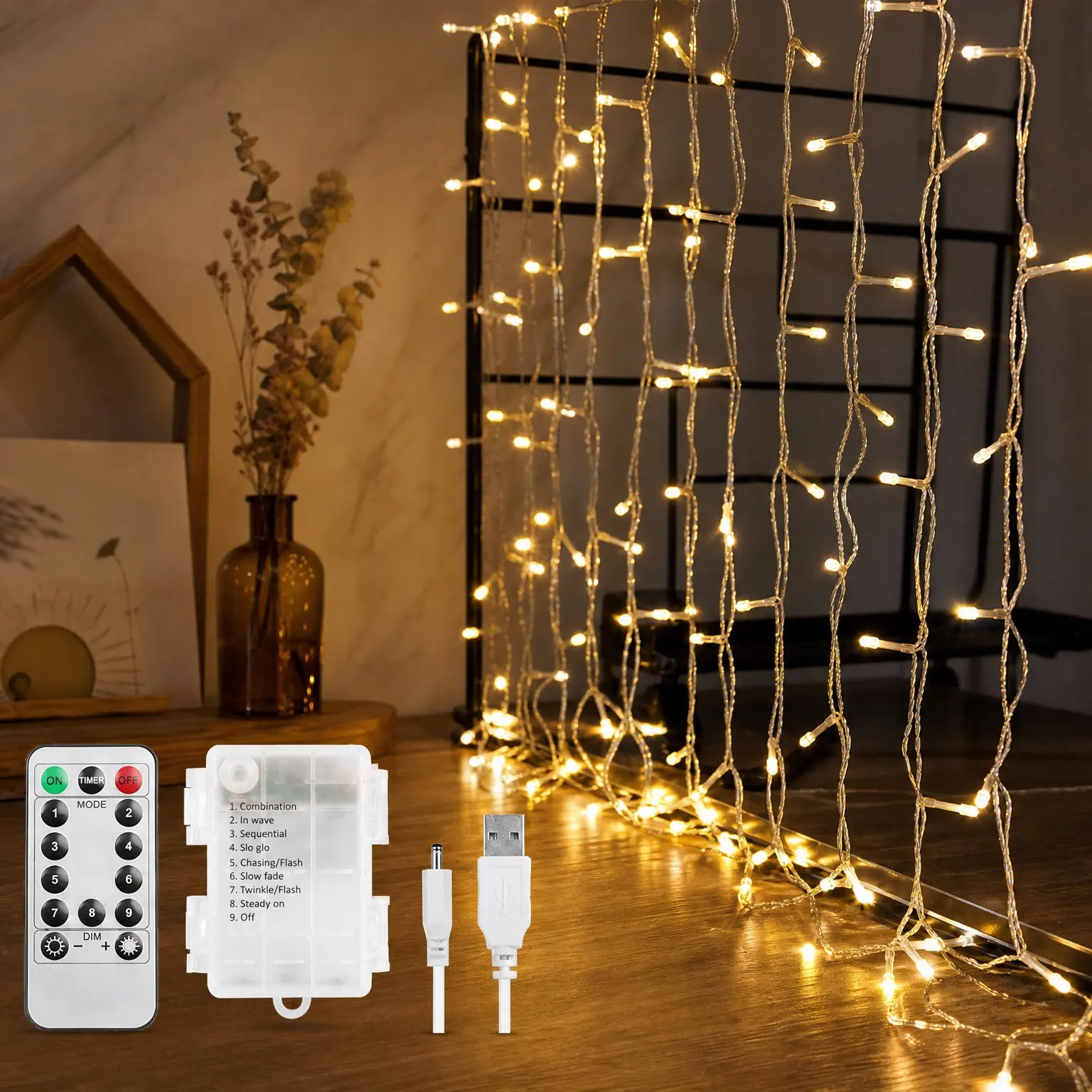 Fairy Curtain Lights Battery Operated & USB Plug in, 10x10ft 300 LED Hanging Twinkle String Lights with Remote, Indoor Outdoor Decor for Bedroom Wall, Wedding Backdrop, GazeboGift