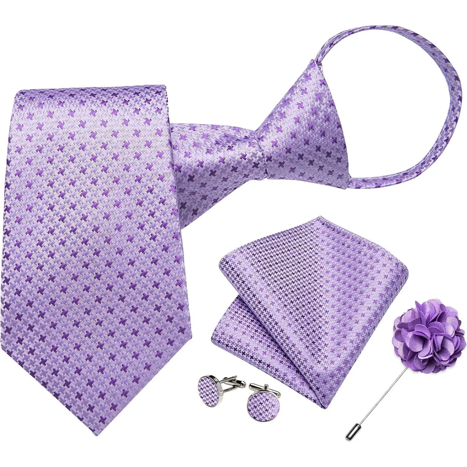 Men's Silk Zipper Tie Set with Gift Box - Adjustable Pre-Tied Necktie, Matching Pocket Square, Cufflinks, Lapel Pin - Wedding Wear, Multi-Color/Style, Silk Fabric Fit for Formal Occasions