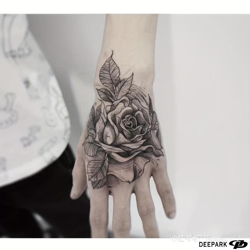 6 large herbal tattoo stickers, including 1 rose element and 5 random styles, lasting 7-15 days, waterproof and durable, realistic effect, suitable for people who are afraid of pain and don't want tattoos