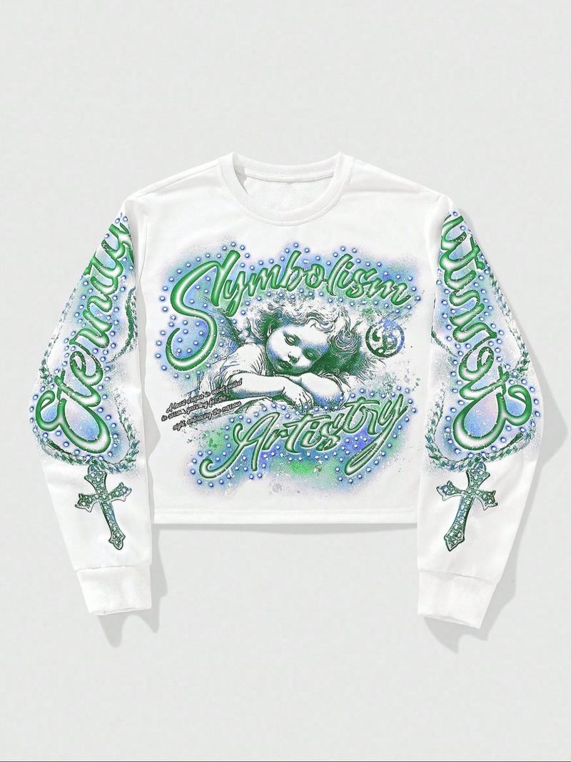 Unisex Streetwear Angel Print Design Sweatshirt, Loose-fitting Casual Long Sleeve Crewneck for Fall & Winter Fashion