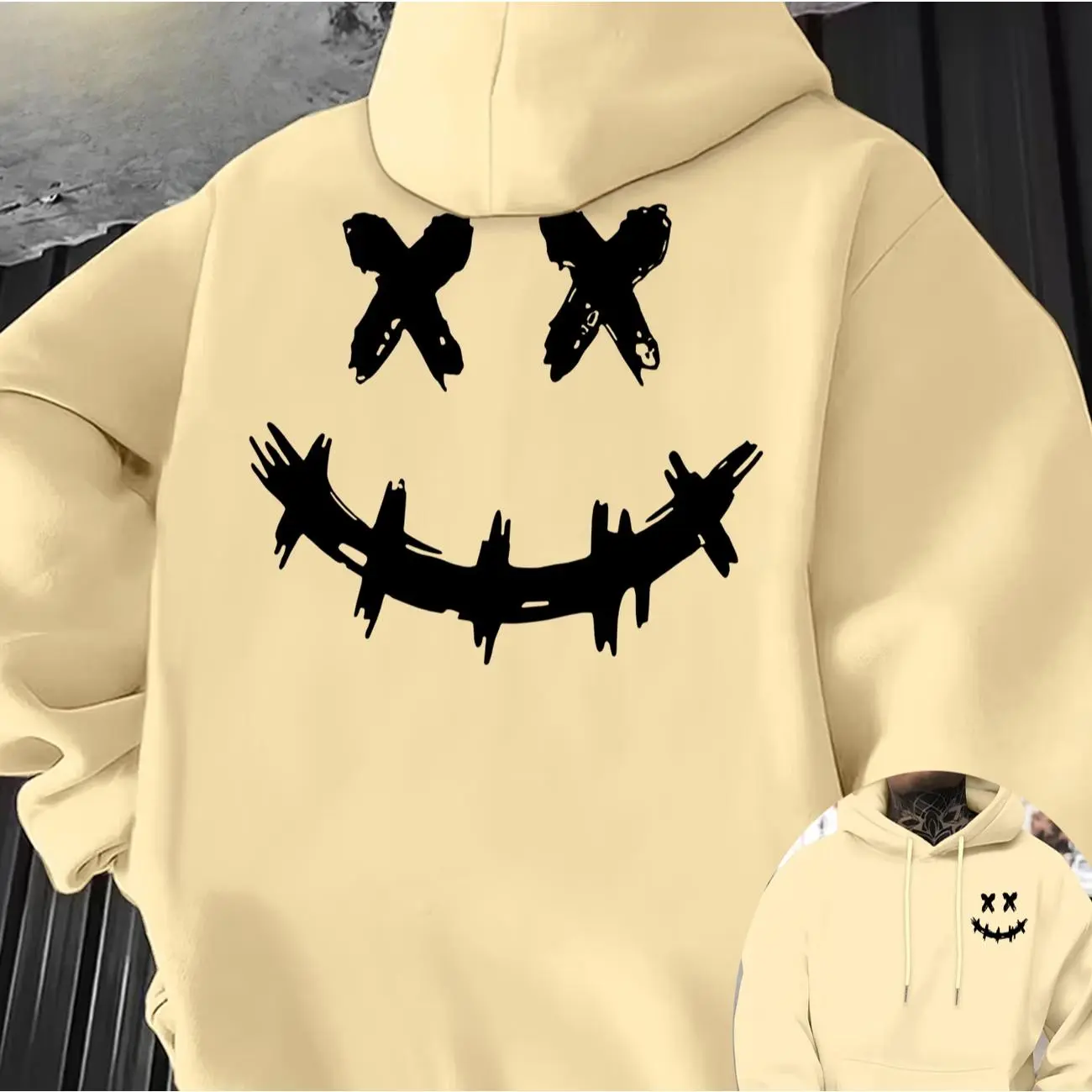 Dark Smiley Face XX Eyes Graphic Oversized Hoodie, Stitched Grin Print Comfort Fashion Outfit, Unisex Pullover Hooded Sweatshirt, Cute Gift for Him Her, Ideal Valentine's Day & Holiday Present for Family Friends Street Style Lovers