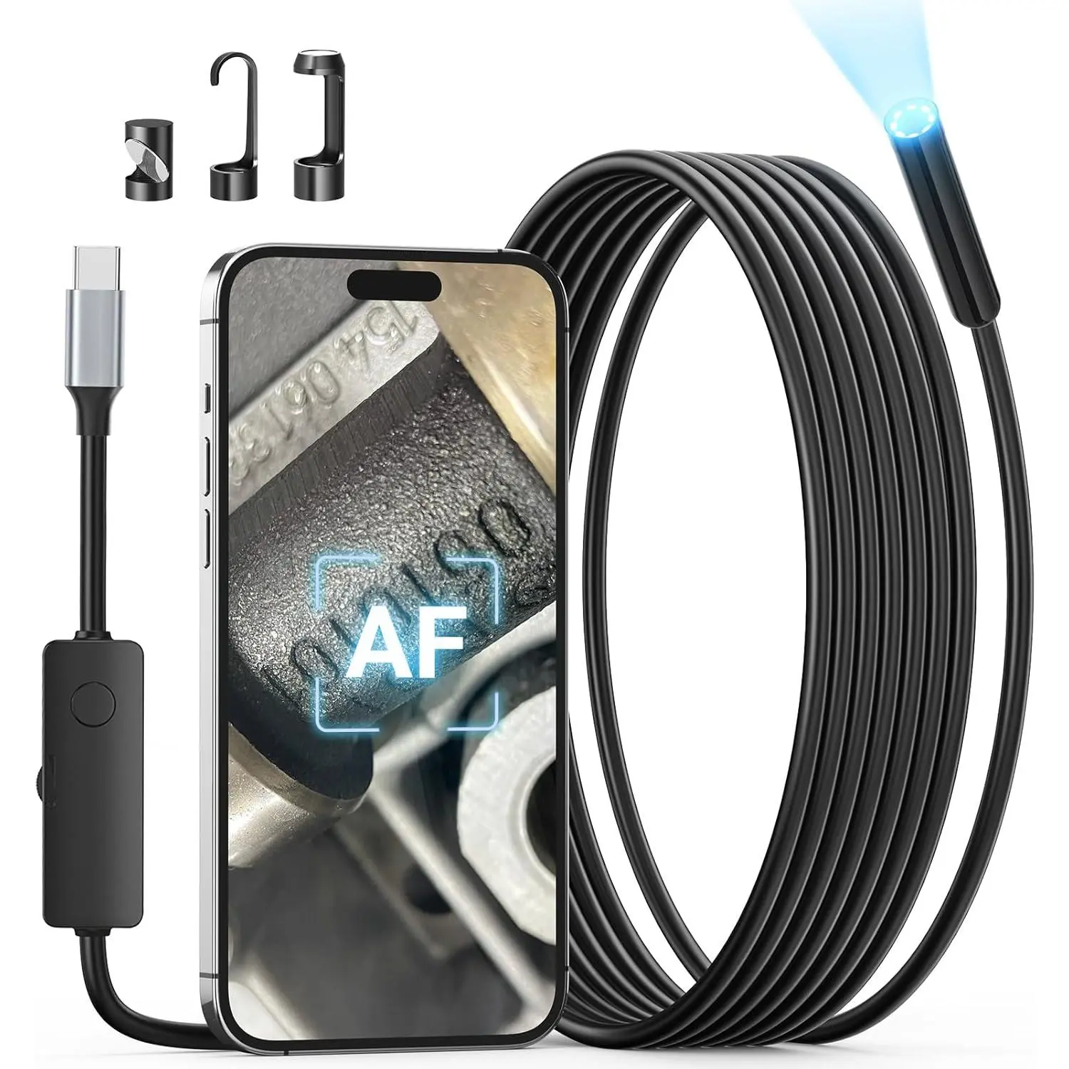 2.0MP HD AF Auto Focus Borescope, 16.5ft Flexible Endoscope with Adjustable Lights, USB-C Inspection Camera for Plumbing, Automotive, Wall, for iPhone 15/16 & Android, Long Focus & Autofocus