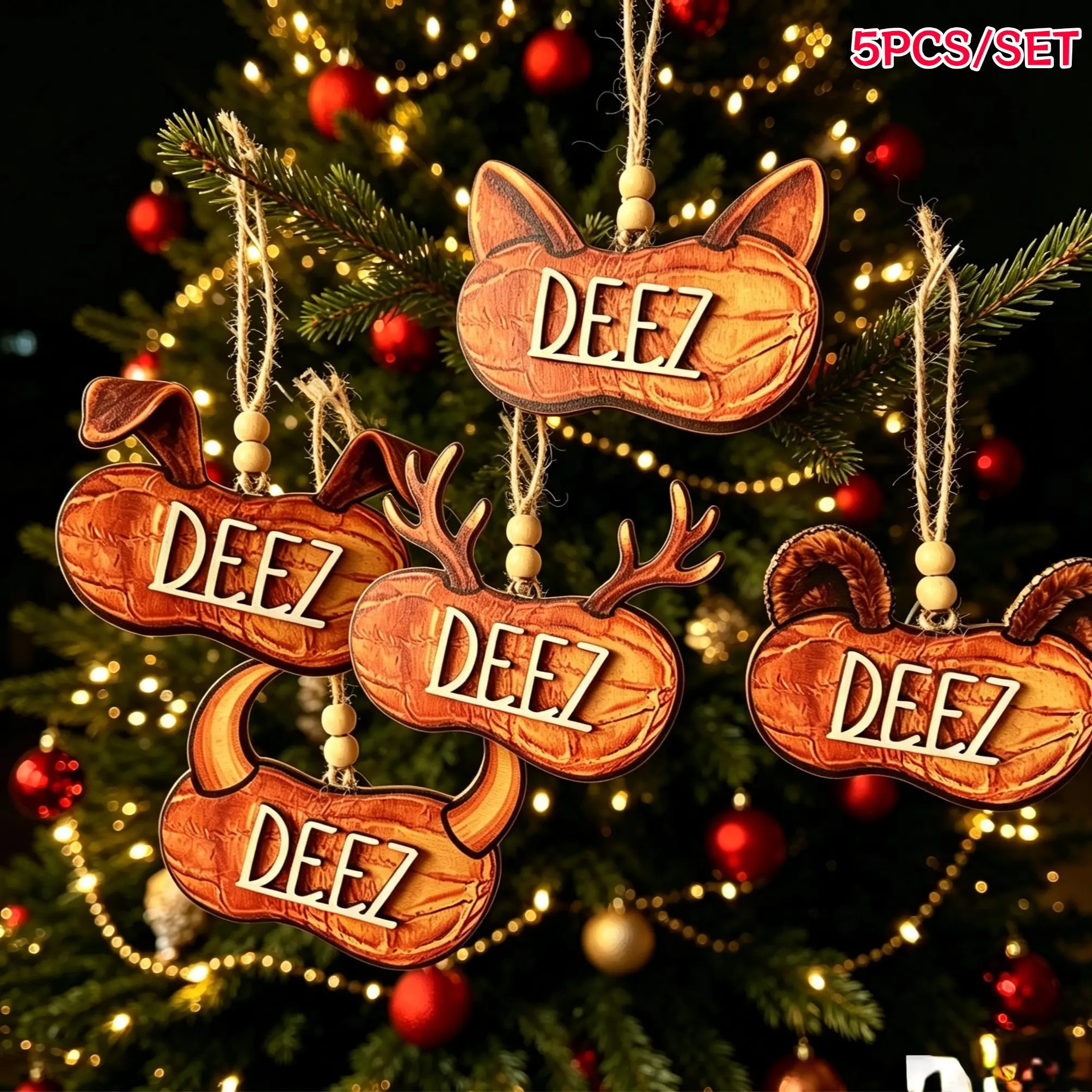 5-Piece Funny Christmas Ornament - Humorous Wooden Peanut Car Hanging Decoration, Creative Dual-Layer Car Accessory , Unique Holiday Tree Decor for Christmas and Halloween, Perfect Interactive Gift for Festive Seasons