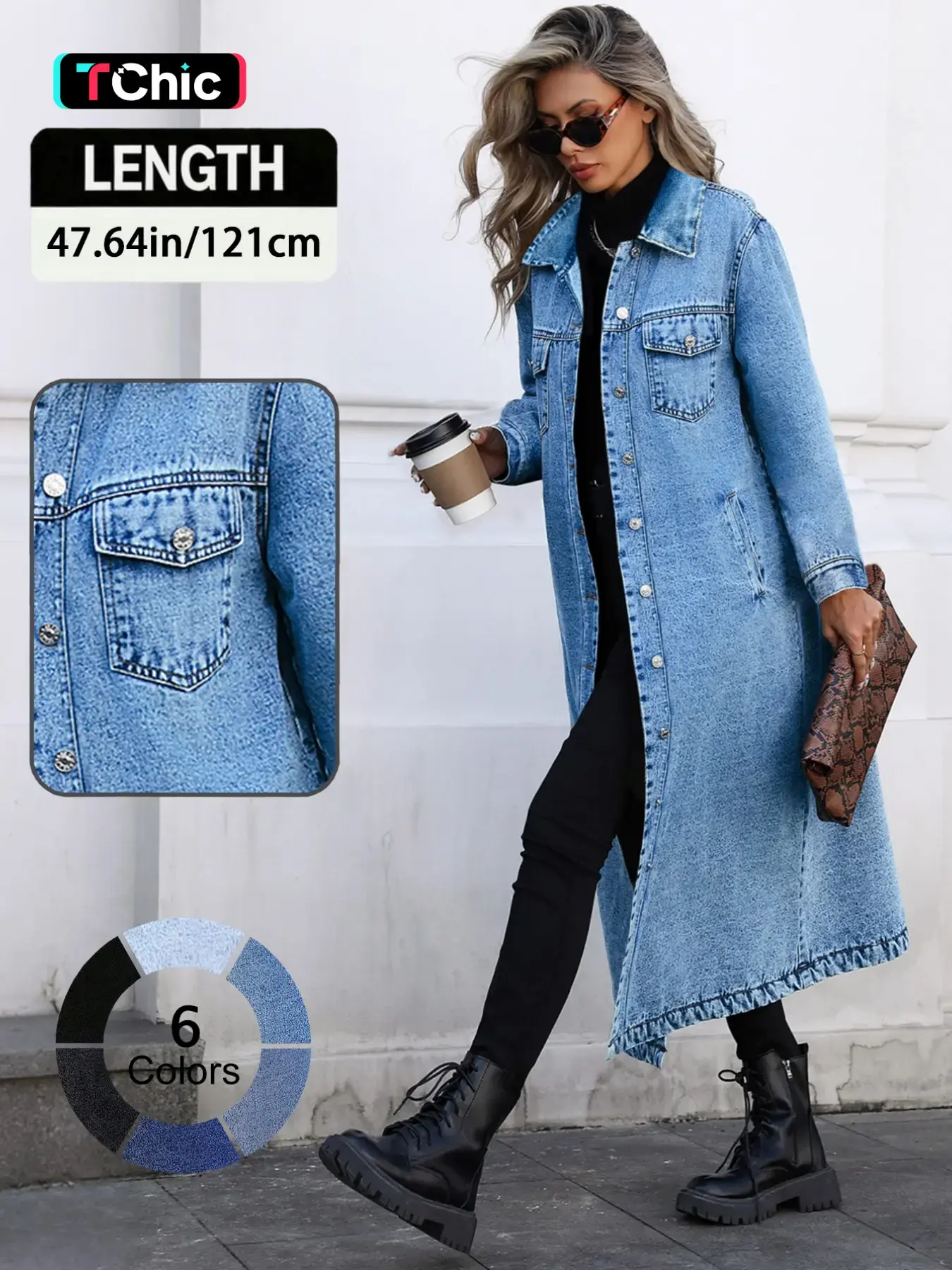 Women's Button Front Denim Coat Outerwear, Elegant Casual Long Sleeve Denim Jacket for Spring & Fall, Women's Clothing for Daily Wear