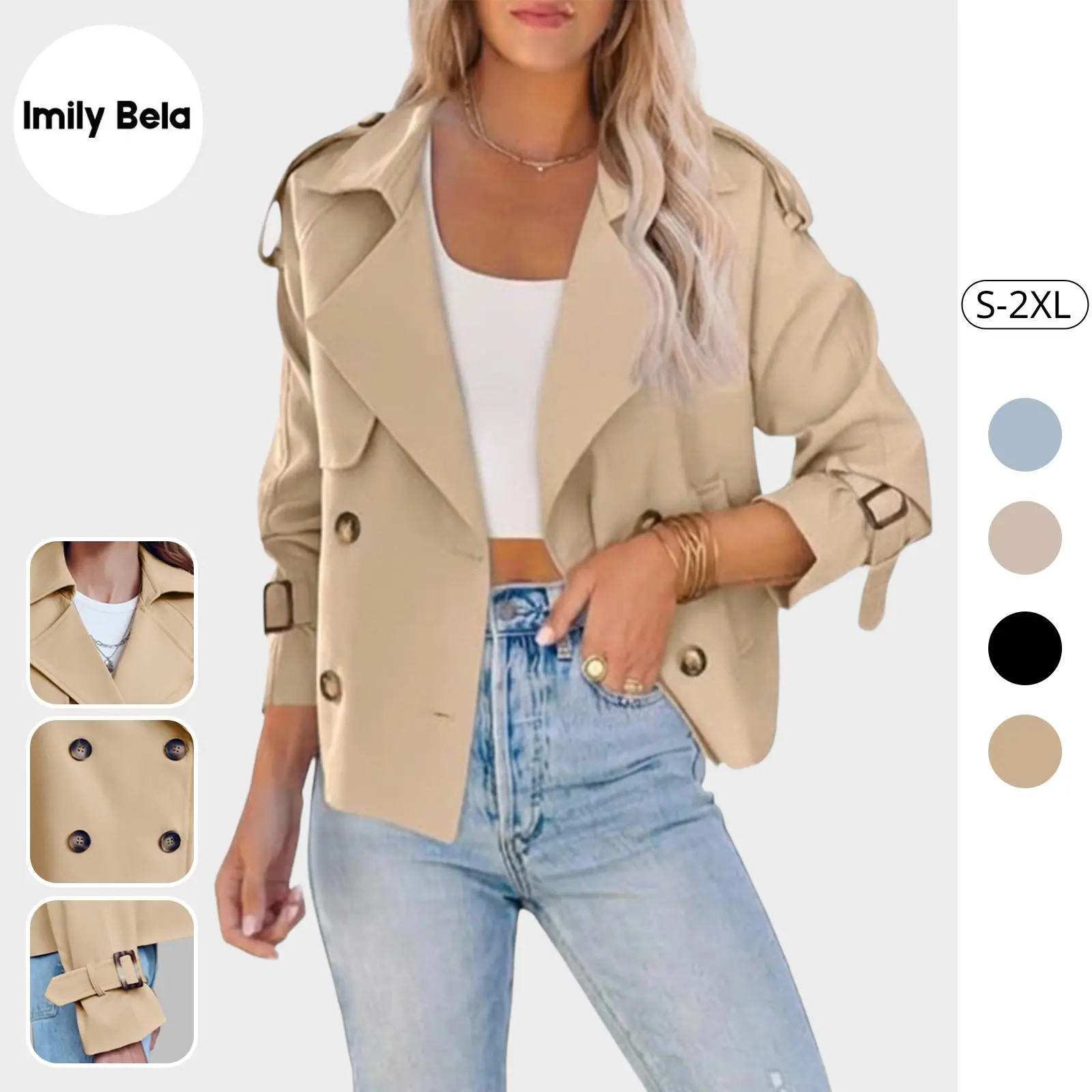 Fessceruna Women Crop Double Breasted Trench Coat Raglan Sleeve Work Office Cropped Jacket With Pockets