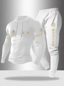 Men's Sporty Casual Set, Hooded Drawstring Long Sleeve Shirt + Jogger Pants, Mexico Print, Streetwear Style, Fitness & Daily Wear