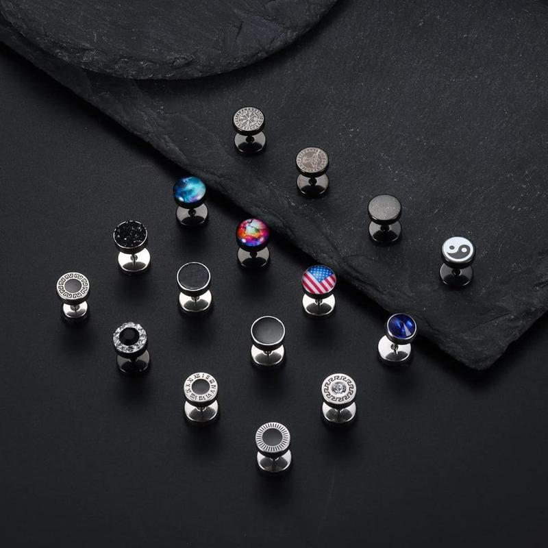 FINREZIO 16 Pairs 316L Stainless Steel Fake Gauges Earrings for Men Women Barbell Stud Earrings Mixed Color Cheater Fake Ear Plugs Faux Gauges Earrings Ear Tunnel Daily