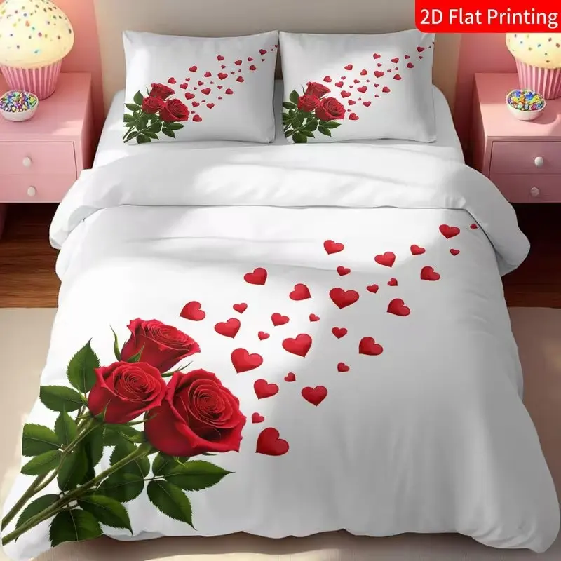 Rose Petal Print Bedding Set, 1 Duvet Cover + 2 Pillowcases, High-Definition Printing, Home & Dormitory Bed Linen, No Padding
