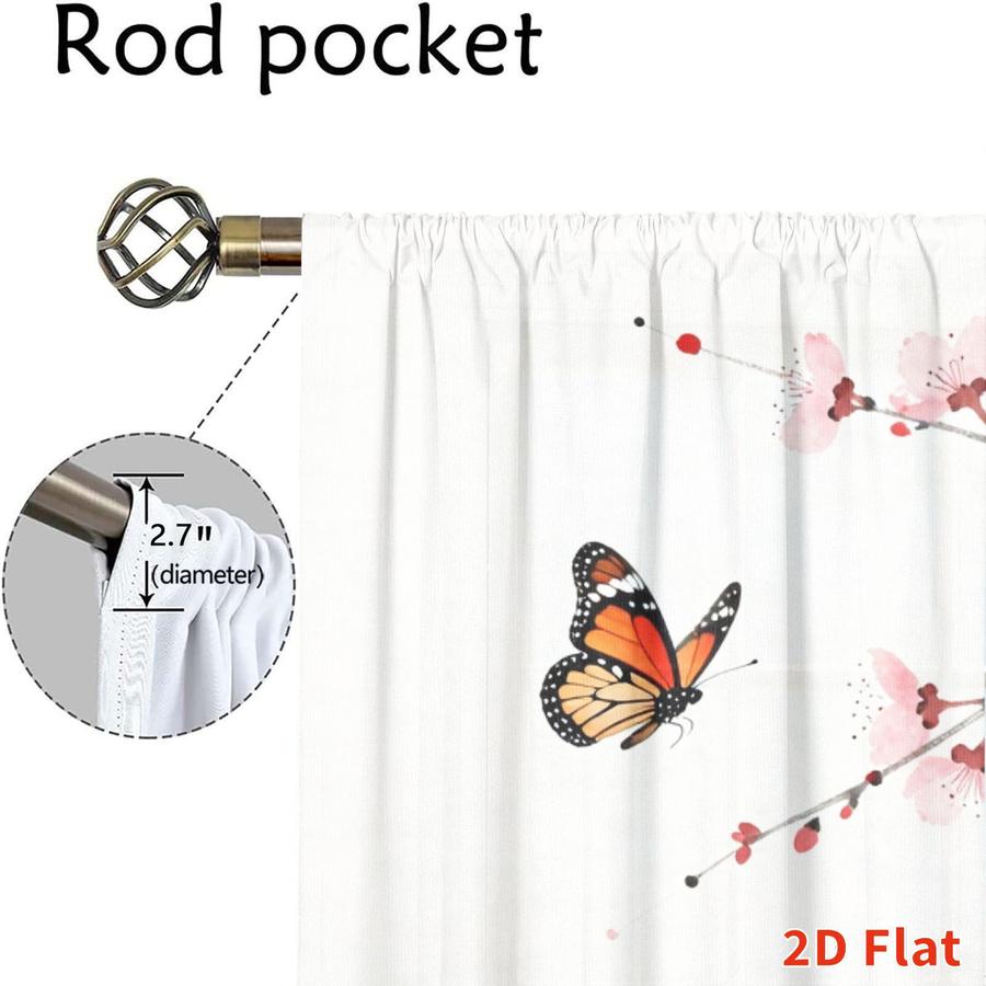 2Pcs Japanese Style Ink Painting Cat Butterfly Sakura Pattern Curtains Digital Printed Rod Pocket, Window Treatment For Bedroom Office Kitchen Living Room Study Home Decor