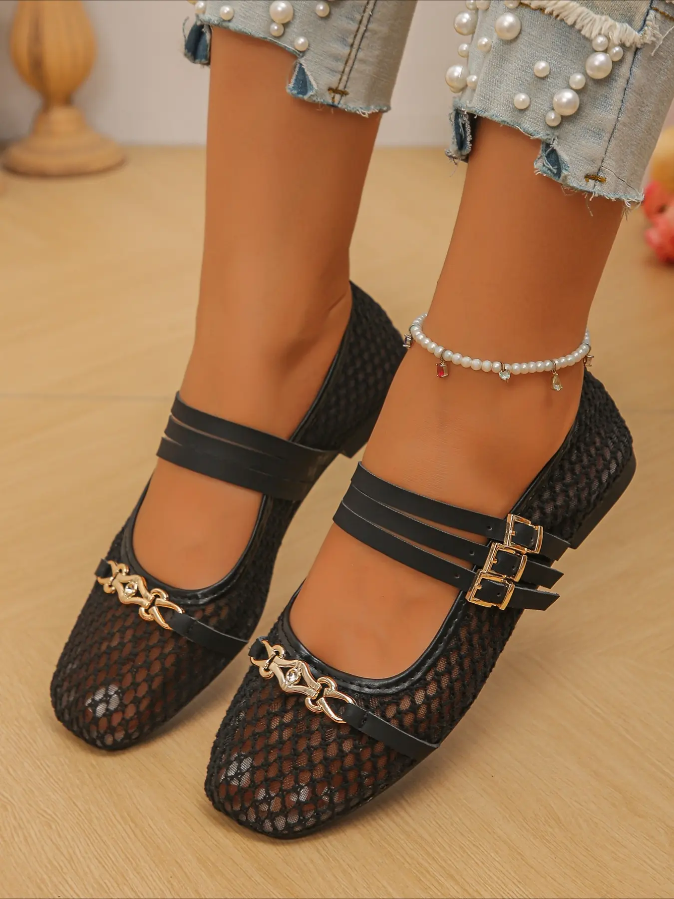 1 Pair Women's Mesh Square Toe Mary Jane Flats, Multi-Strap Metal Buckle Breathable Soft Sole Shoes, Retro Casual Footwear for Commute & Daily Outings