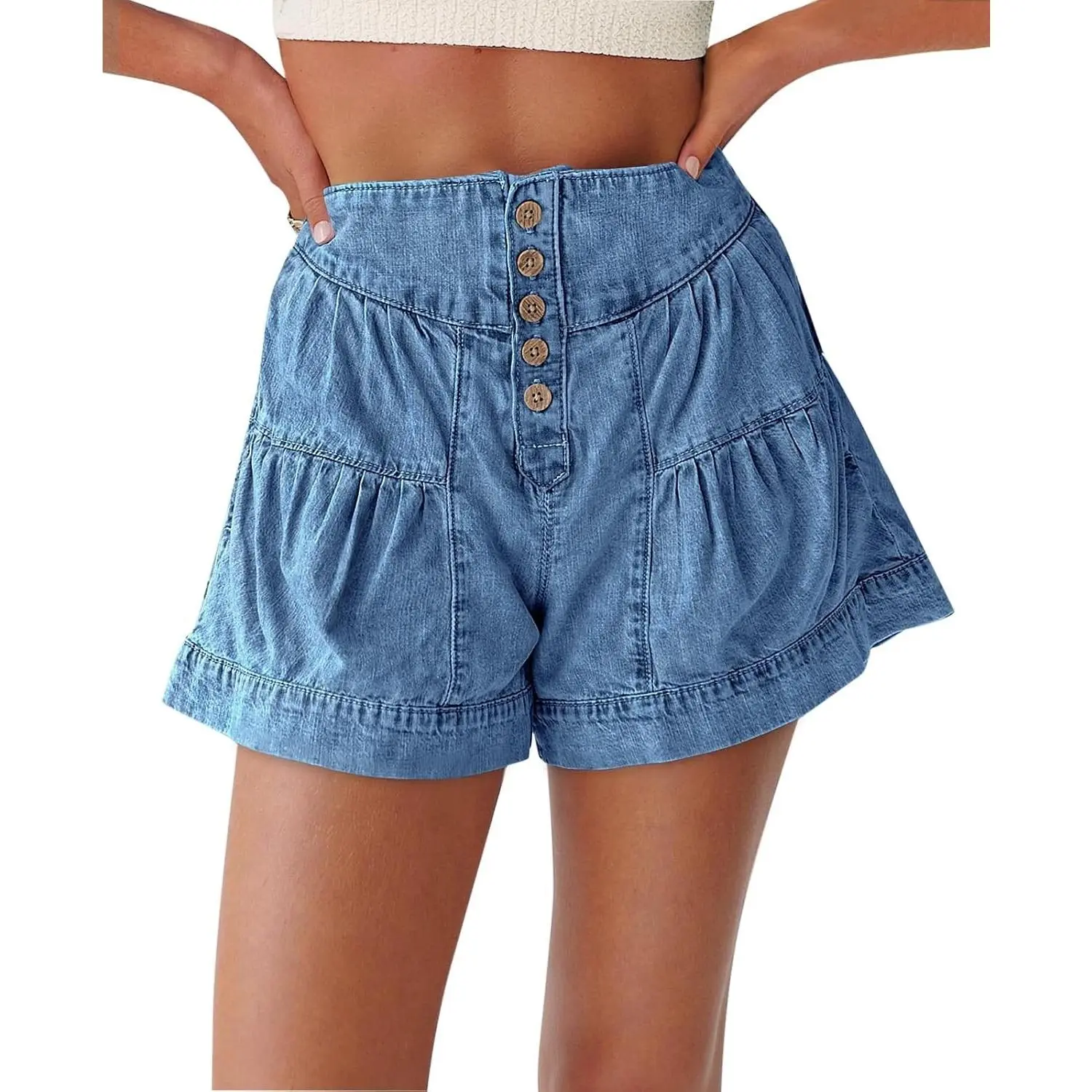 Womens High Waisted Wide Leg Denim Skort with Pockets - Summer Flowy Button Up Jean Shorts(Gift)