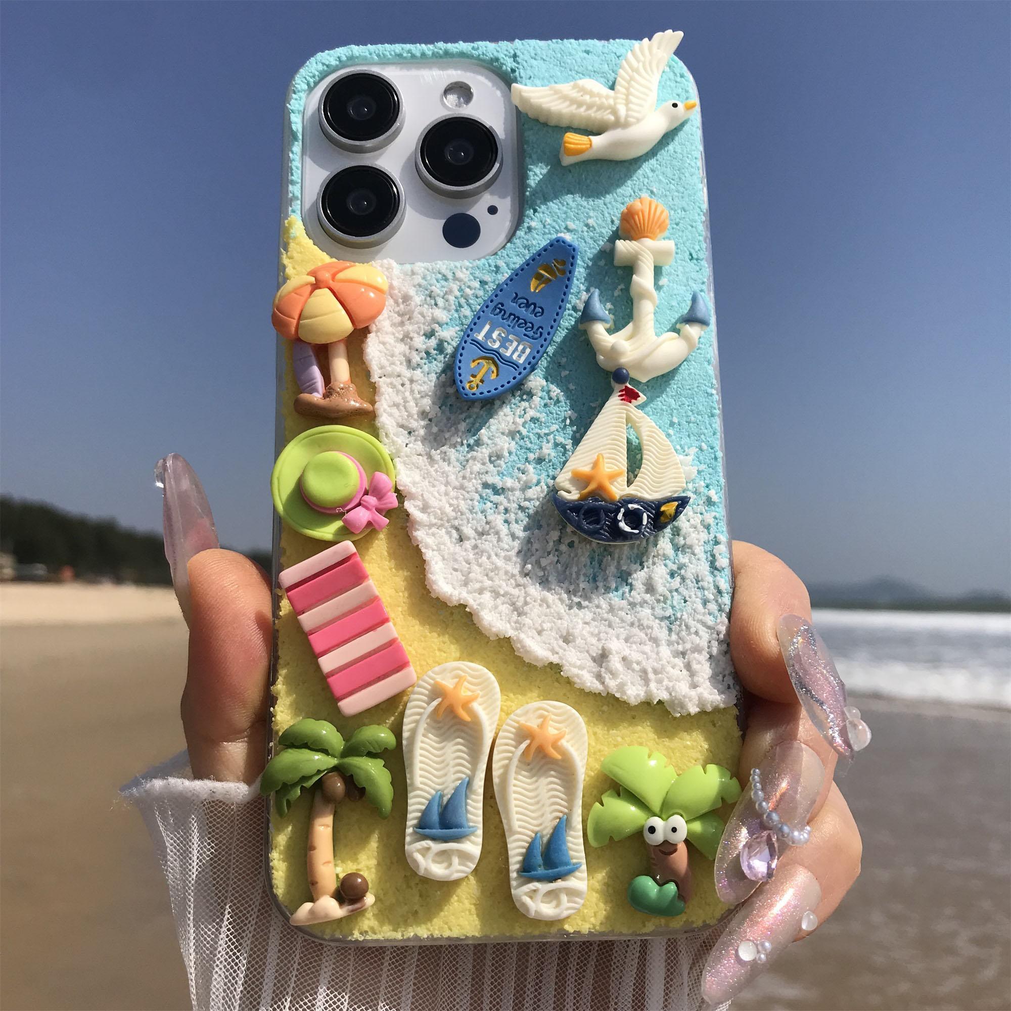 Handmade Beach Sailboat Sun Chair Coconut Tree Seagull Aesthetic Protective Smartphone Case for iPhone 17 16 15 14 13 12 11 Pro Max, Soft Tpu Anti-Slip Back Cover