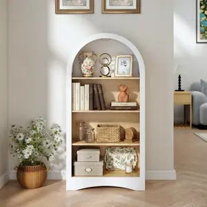 summerwins 47" Durable Freestanding Rack Shelf with Woodgrain Shelves, Elegant Arched & Curved Base 4-Tier Open Storage Cabinet, Maximize Small Spaces Accent Piece for Living Room, Home Office