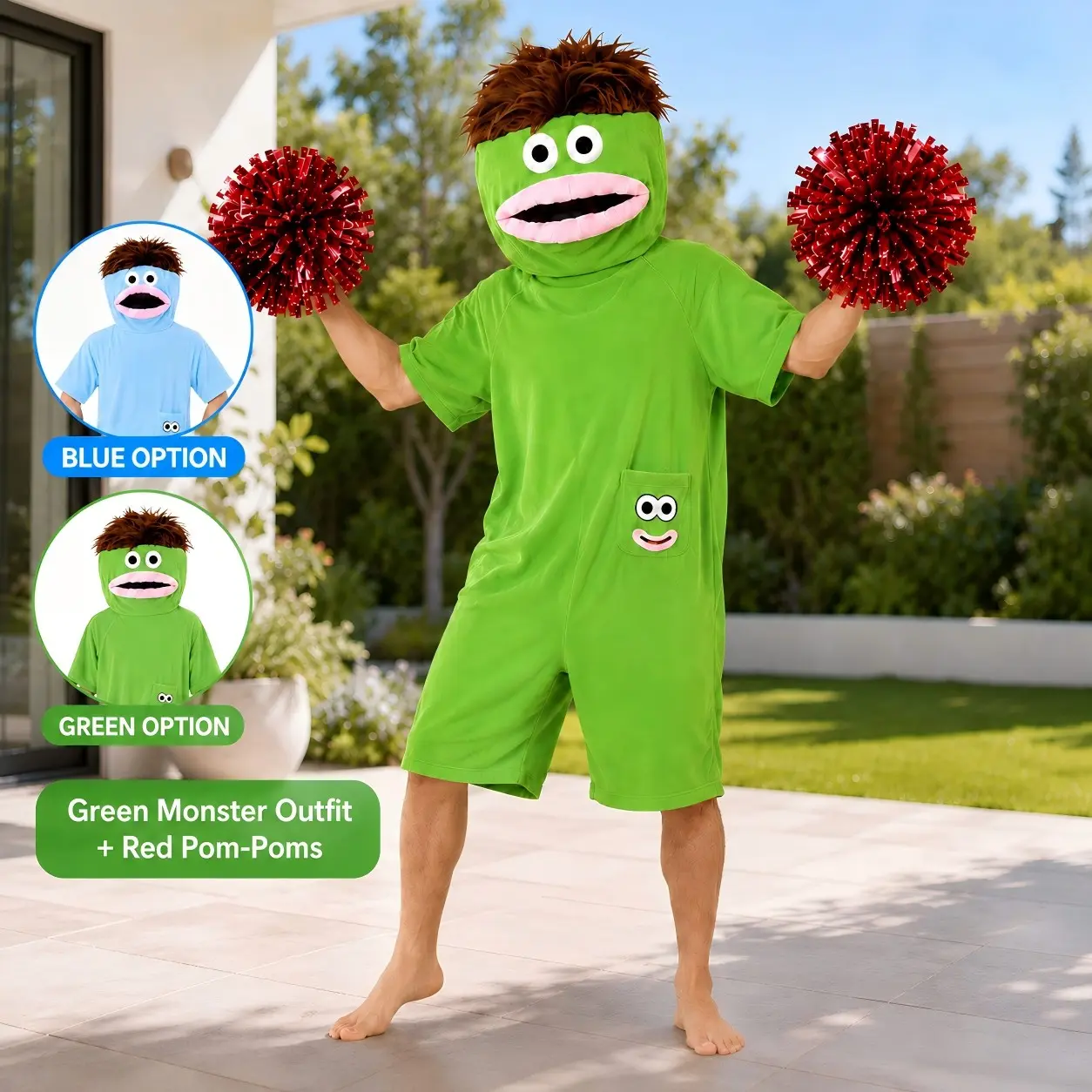 Monster Mascot Costume with Pom Poms, Funny Adult Short Sleeve Cheer, Soft Loose Fit for Sports, Outdoor, Cheerleading, Parties, Cosplay