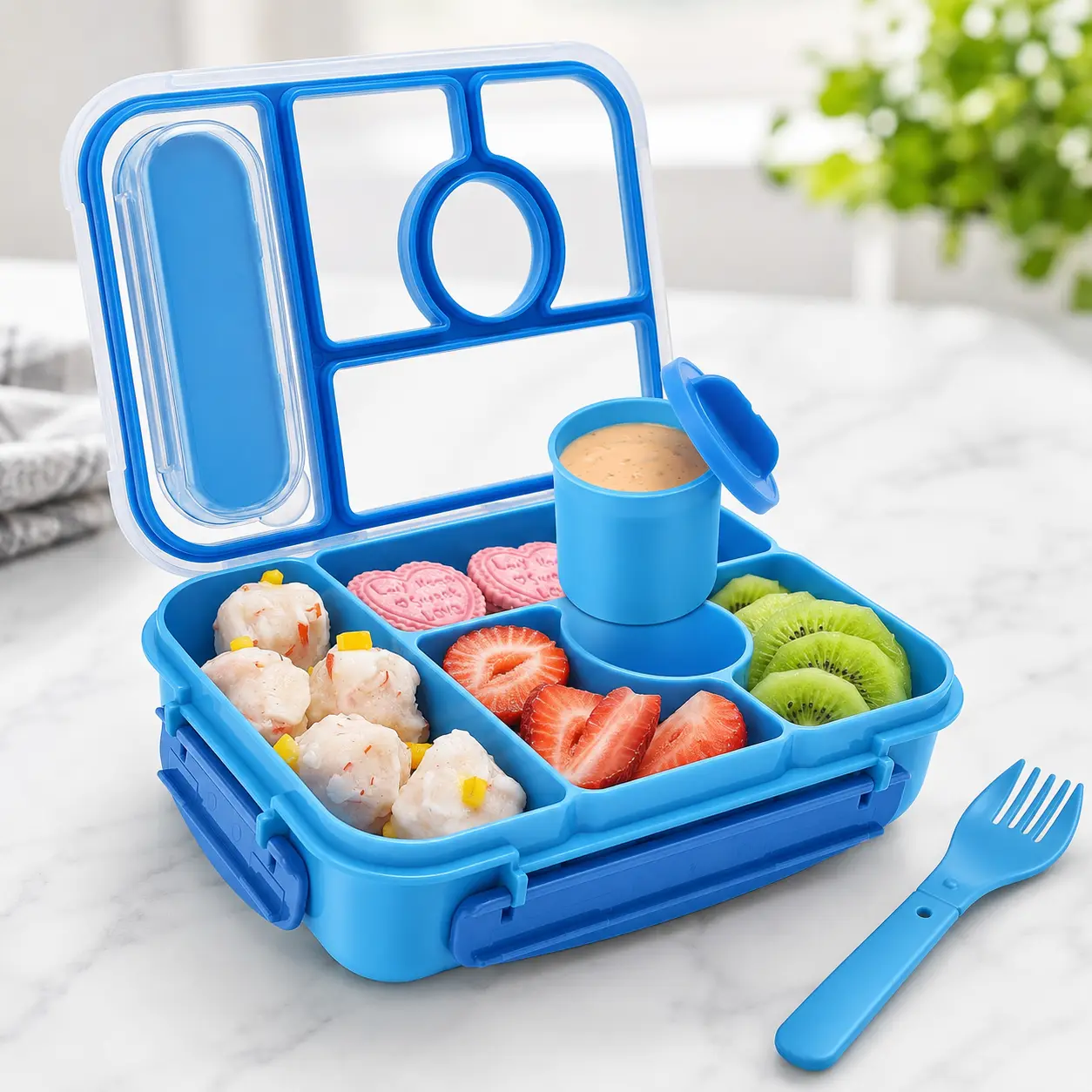 Compartmentalized 5-Compartment Bento Lunch Box with Sauce Containers, Microwave Safe, Dishwasher Safe, BPA Free, for Adults and Kids, Blue