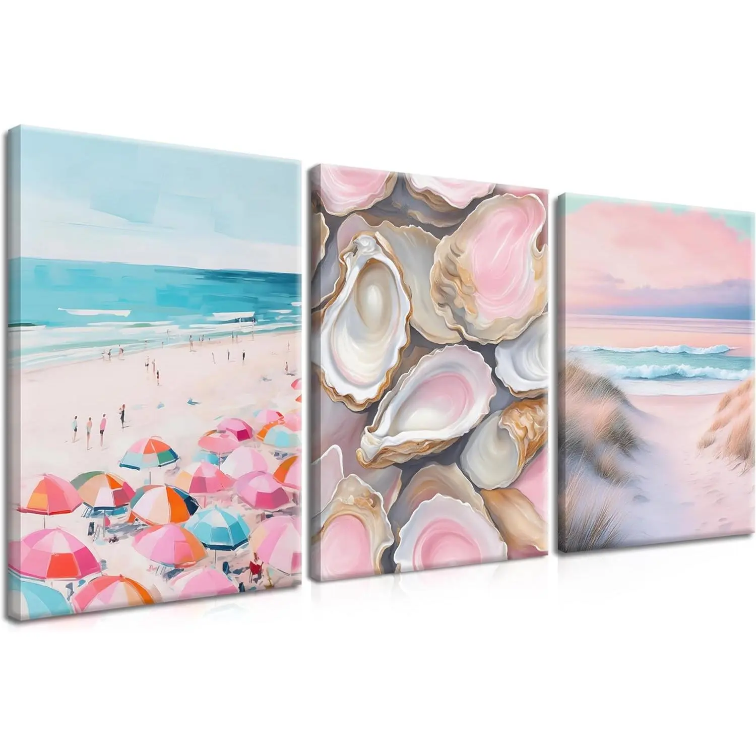 Elegant Framed Coastal Beach Canvas Wall Art 3-Piece Set - 12x16 in Geometric Framed Prints, Blush Pink Shell Oyster Box Hanging Home Decor, Ideal for Kid Room, Children's Day/Mother's Day Gifts