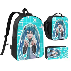 Unisex Miku2 3Pcs Backpack for Teen Girls Boys, School Bookbag with Lunchbox Pecil box, Anime backpack with adjustable straps, office travel bag Bookbag