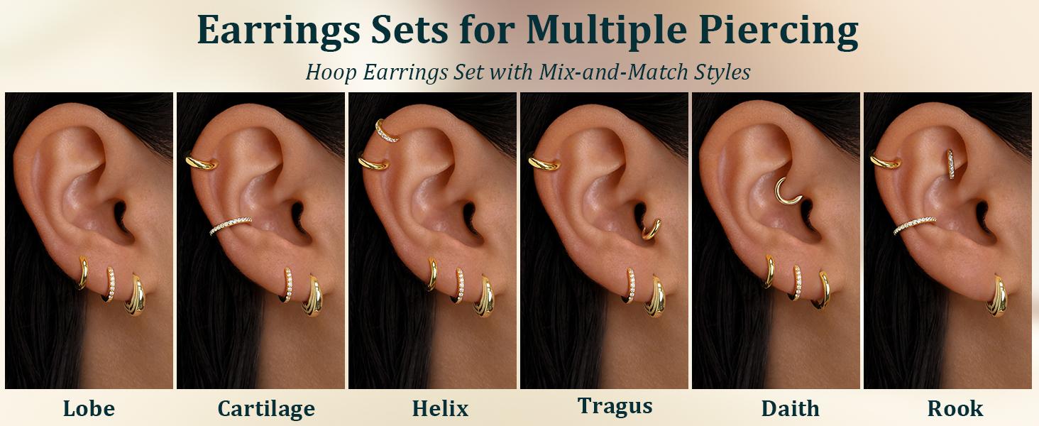 Small Sterling Silver Huggie Hoop Earrings Set for Women, Hypoallergenic 14K Gold Plated Hoops Stacks for Multiple Piercings, Dainty Cute Mini Lightweight