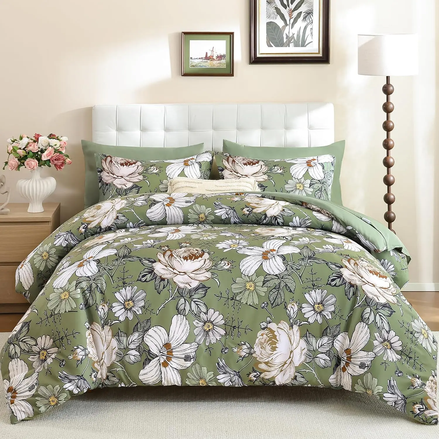 Queen Comforter Set 7 Pieces Bedding Sets,Olive Green Floral Comforter and Sheet Set,Soft Microfiber Bed in a Bag for All (Olive Green,90"x90")